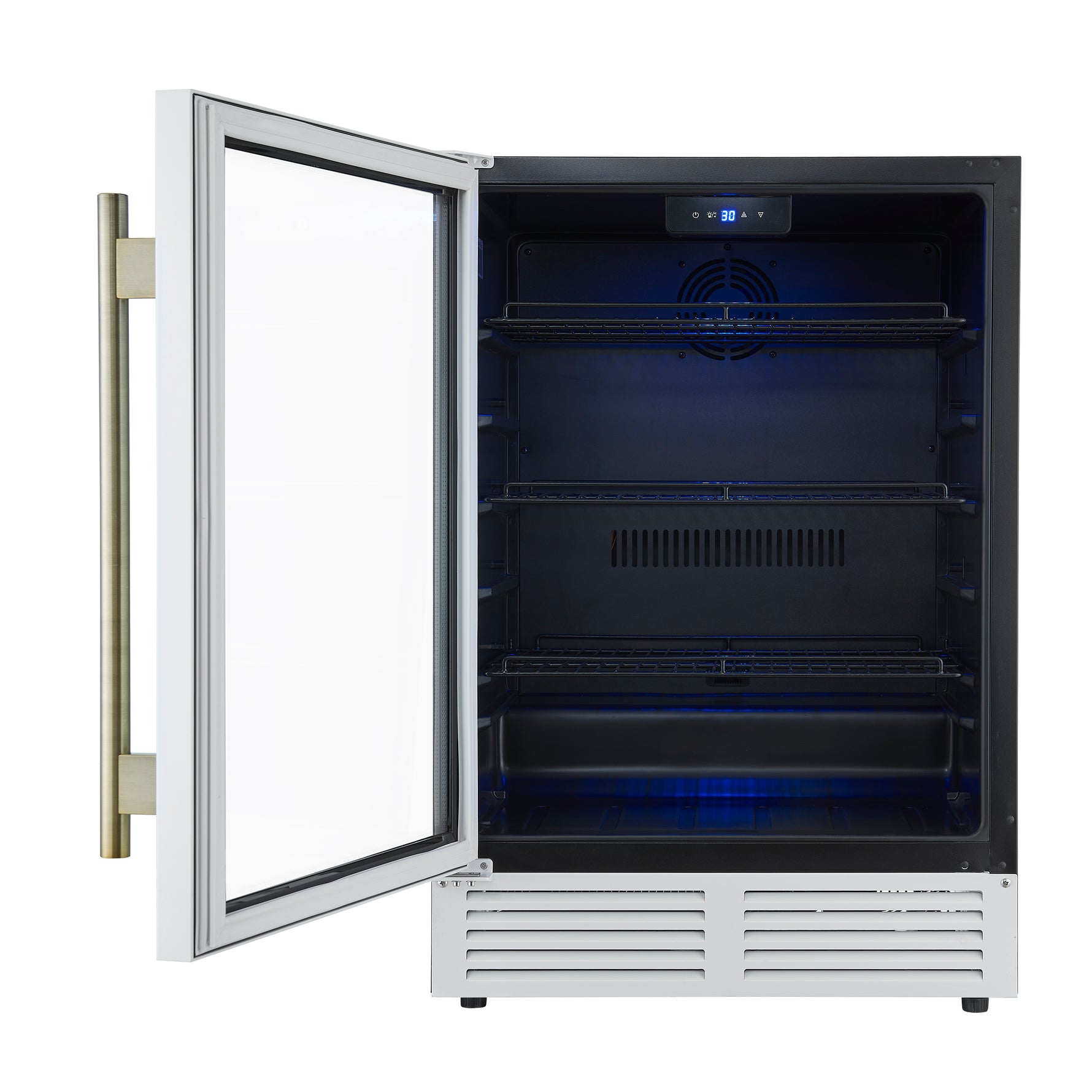 Forno Frescolino 24 Inch Beverage Cooler, White with Antique Brass Handles, with LED Lighting, Triple Glass Door, 188 Can Capacity, Built-In or Freestanding - BonPrix Électroménagers