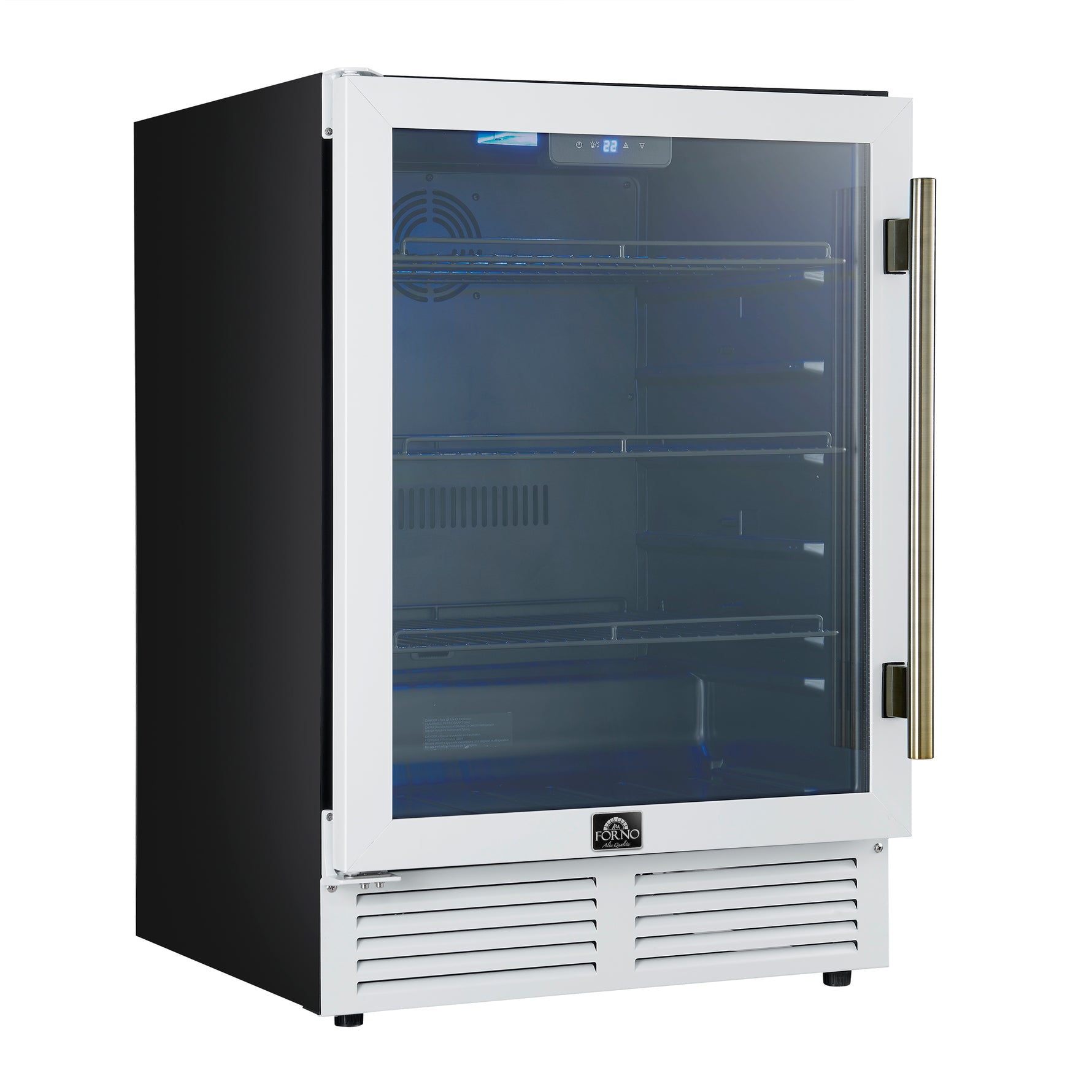 Forno Frescolino 24 Inch Beverage Cooler, White with Antique Brass Handles, with LED Lighting, Triple Glass Door, 188 Can Capacity, Built-In or Freestanding - BonPrix Électroménagers