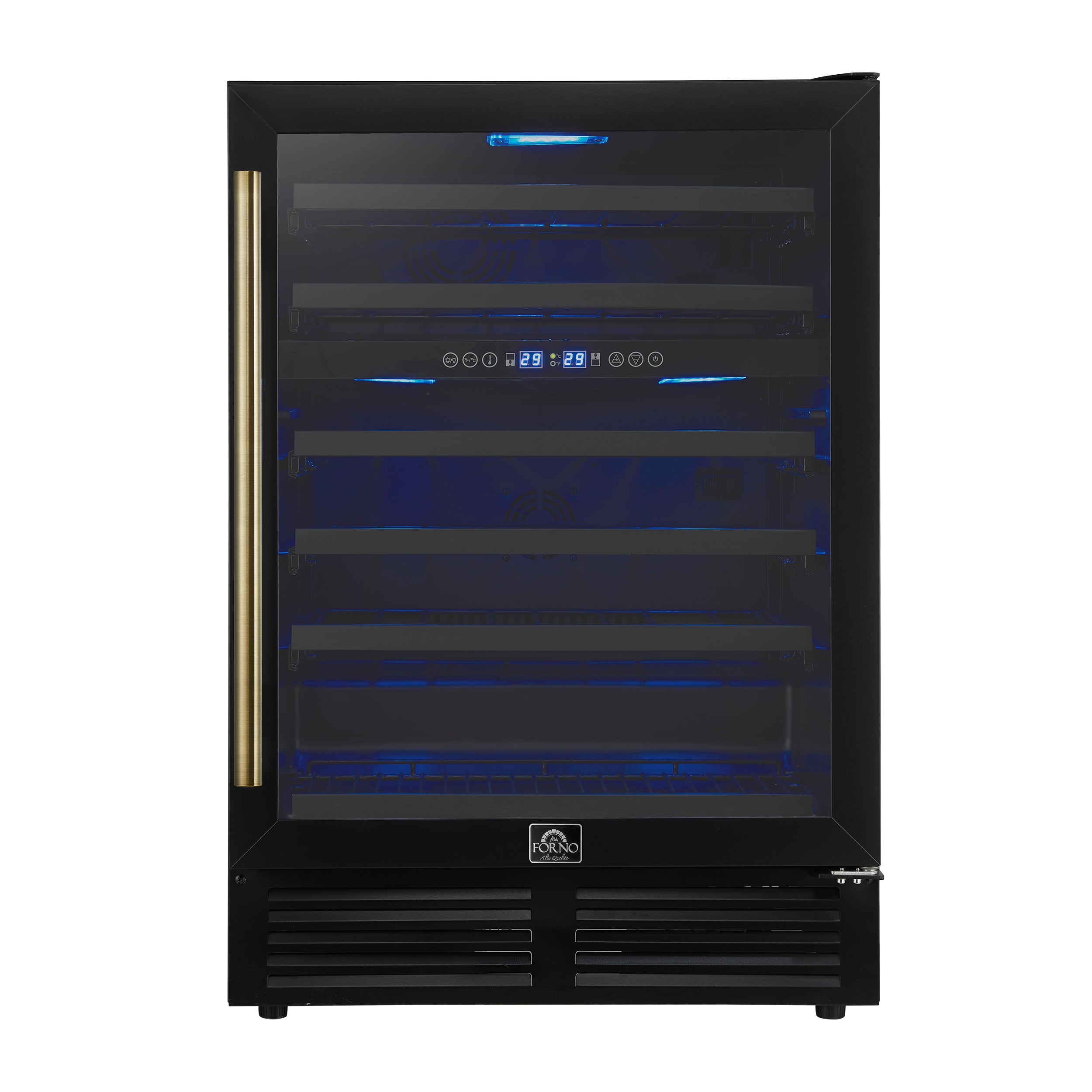 Forno Bacchino 24 Inch Wine Cooler, Black with Antique Brass Handles, with LED Lighting, Triple Glass Door, 51 Bottle Capacity, Built-In or Freestanding - BonPrix Électroménagers