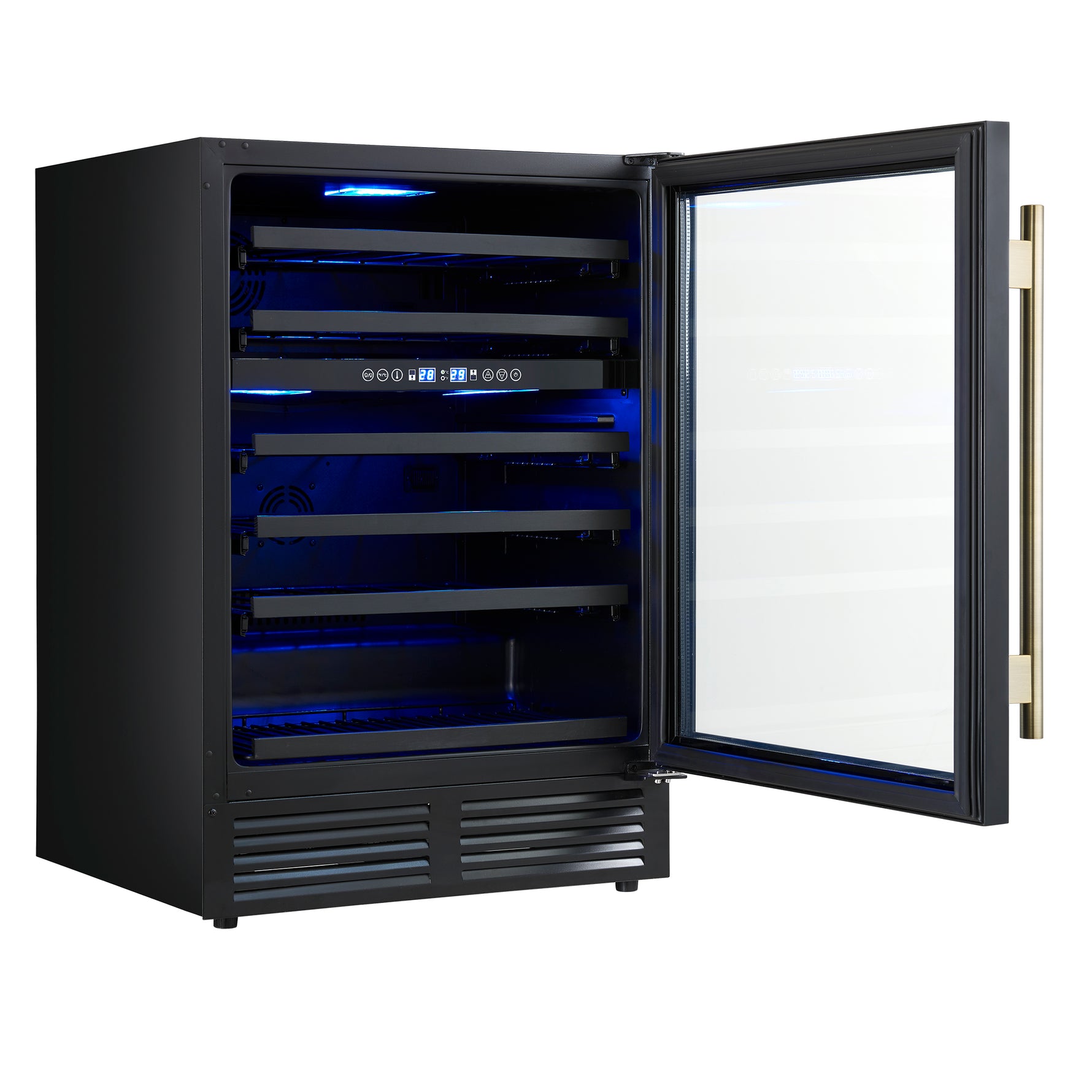 Forno Bacchino 24 Inch Wine Cooler, Black with Antique Brass Handles, with LED Lighting, Triple Glass Door, 51 Bottle Capacity, Built-In or Freestanding - BonPrix Électroménagers