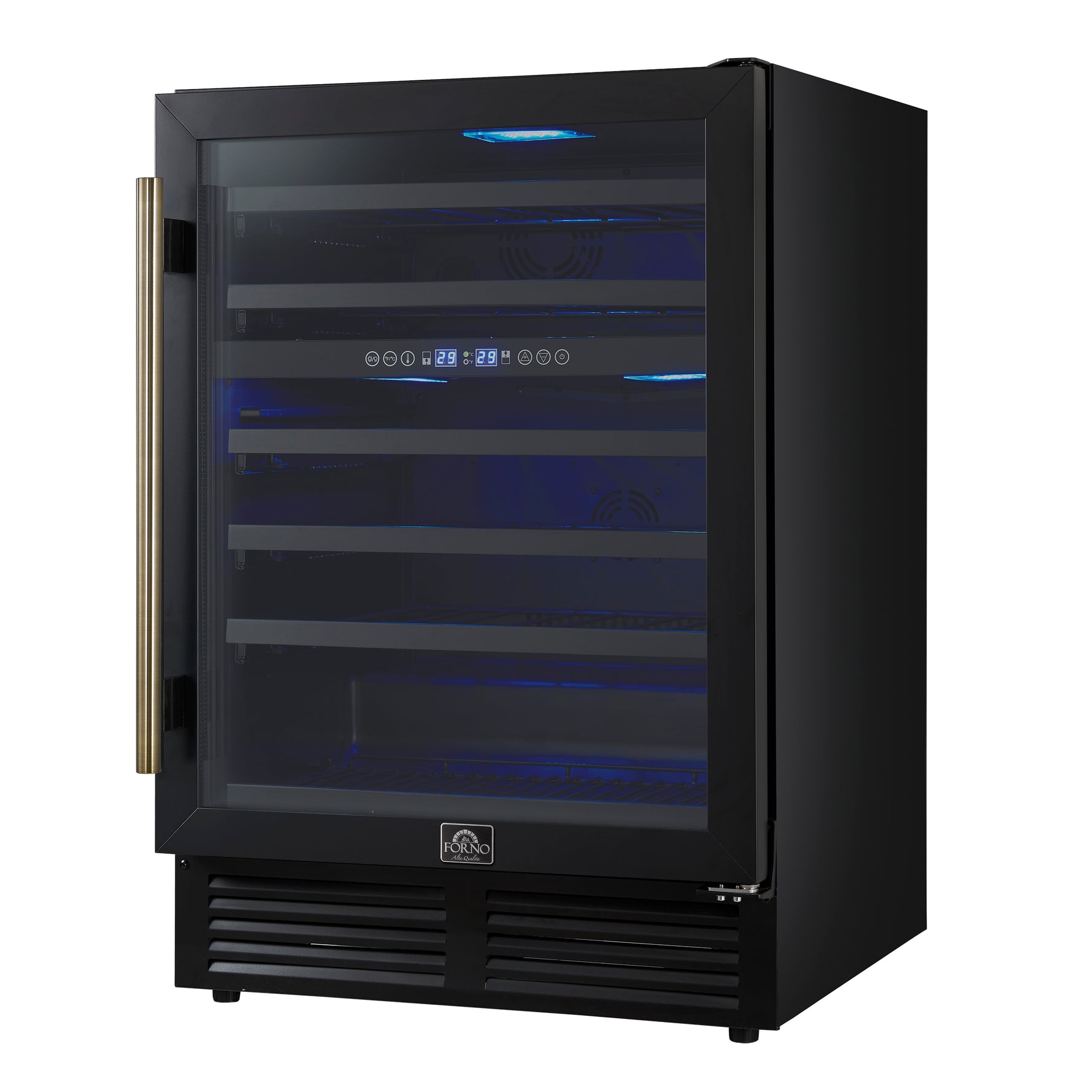 Forno Bacchino 24 Inch Wine Cooler, Black with Antique Brass Handles, with LED Lighting, Triple Glass Door, 51 Bottle Capacity, Built-In or Freestanding - BonPrix Électroménagers
