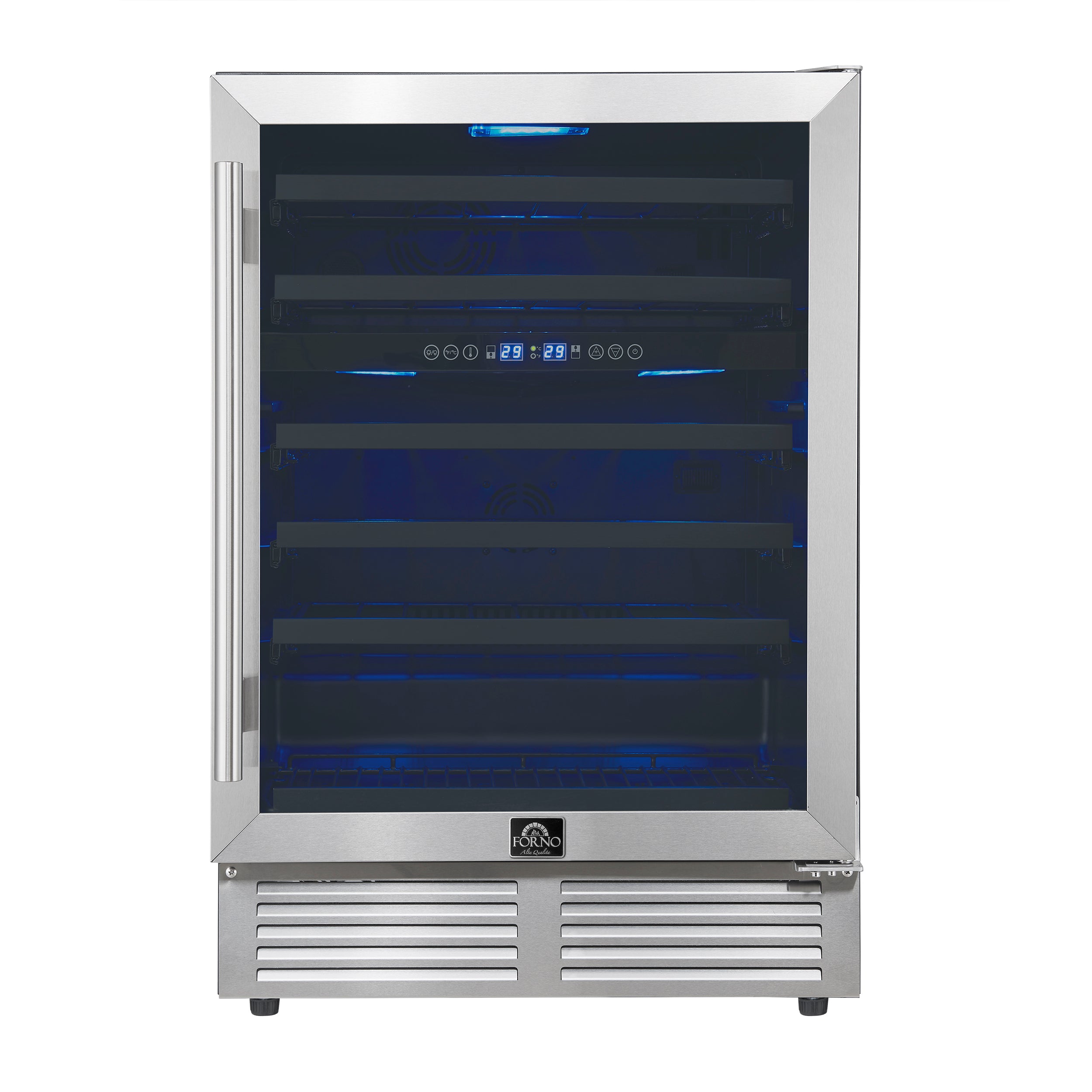 Forno Bacchino 24 Inch Wine Cooler, Stainless Steel, with LED Lighting, Triple Glass Door, 51 Bottle Capacity, Built-In or Freestanding - BonPrix Électroménagers