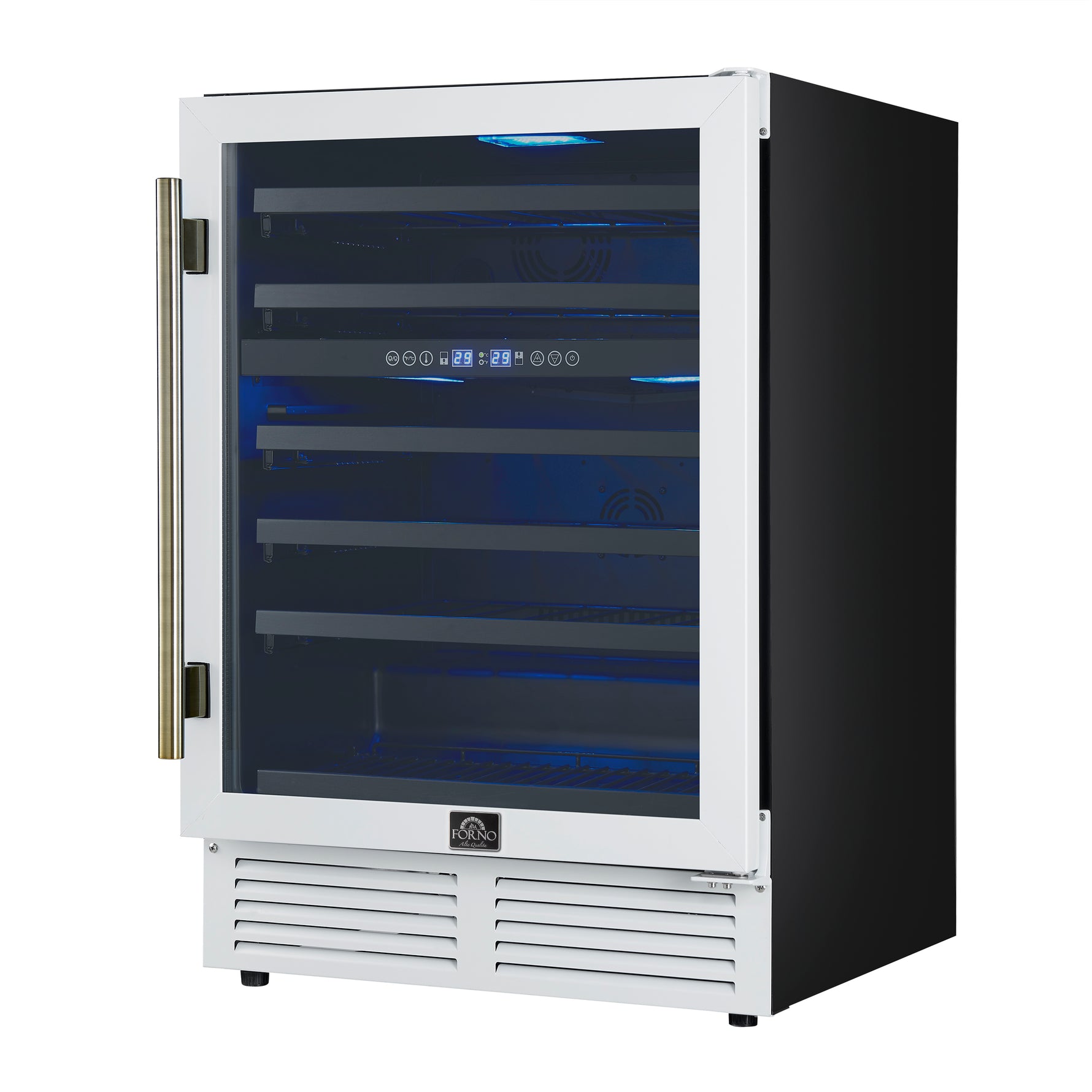 Forno Bacchino 24 Inch Wine Cooler, White with Antique Brass Handles, with LED Lighting, Triple Glass Door, 51 Bottle Capacity, Built-In or Freestanding - BonPrix Électroménagers