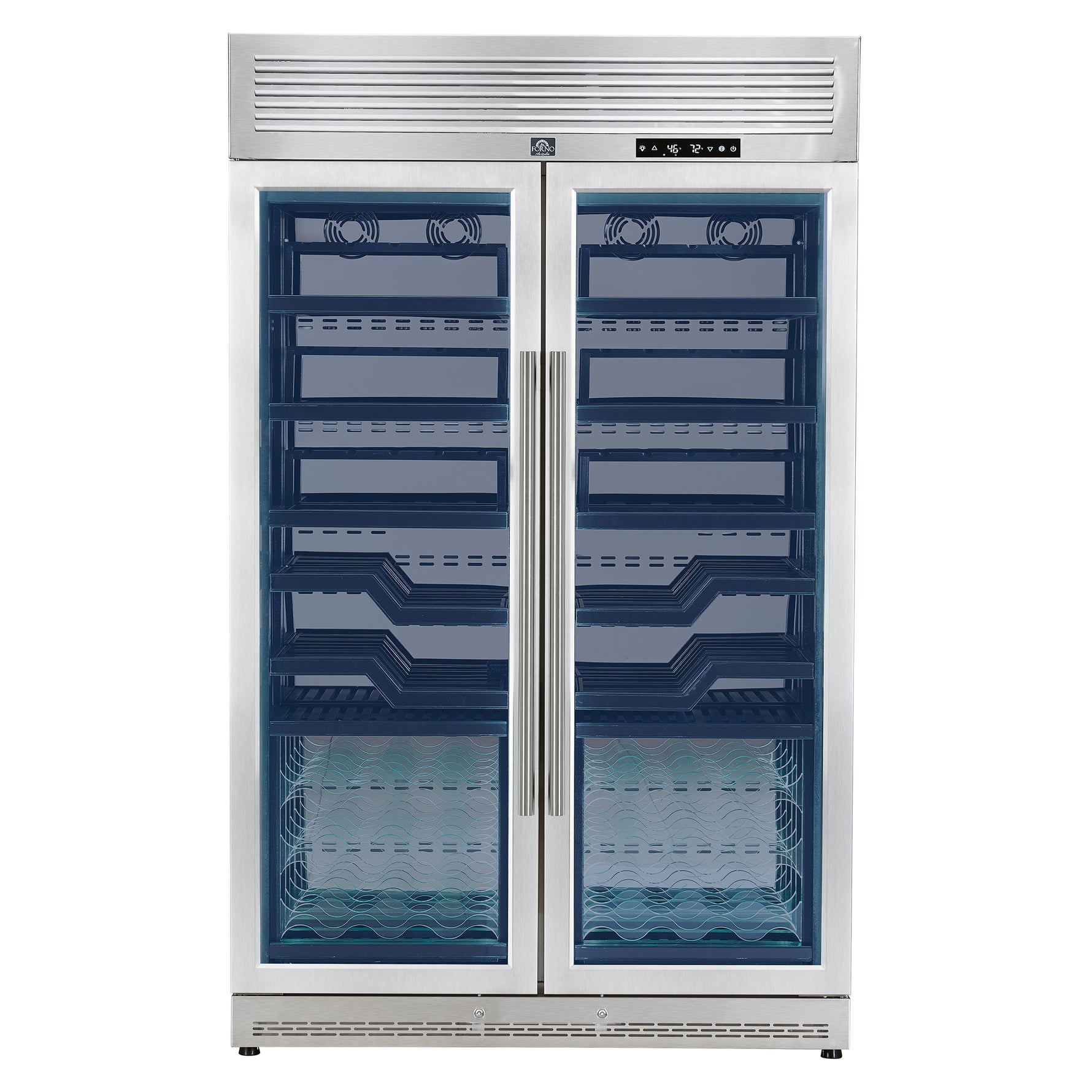 FORNO Abruzzo 48-Inch Dual Zones Wine Cellar, 102 Bottles, 24 cu. ft., Green Acrylic Holders & Black Shelves - BonPrix Électroménagers
