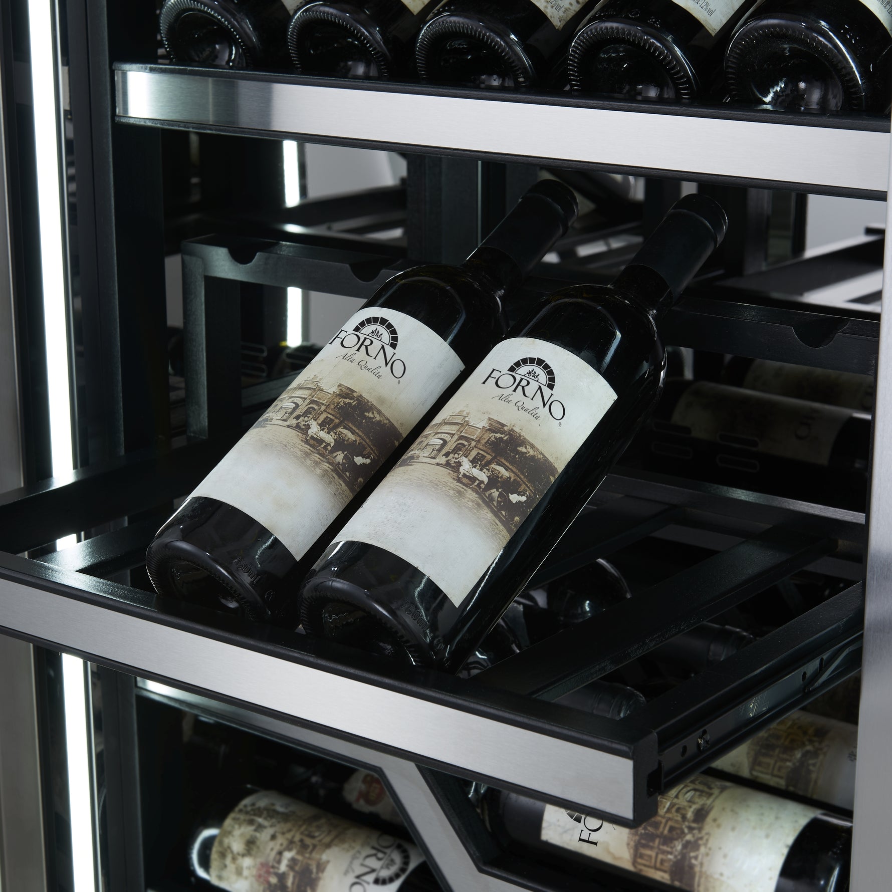 FORNO Abruzzo 48-Inch Dual Zone Wine Cellar, 102 Bottles, 24 cu. ft., Clear Acrylic Holders & Stainless Trim Shelves - BonPrix Électroménagers