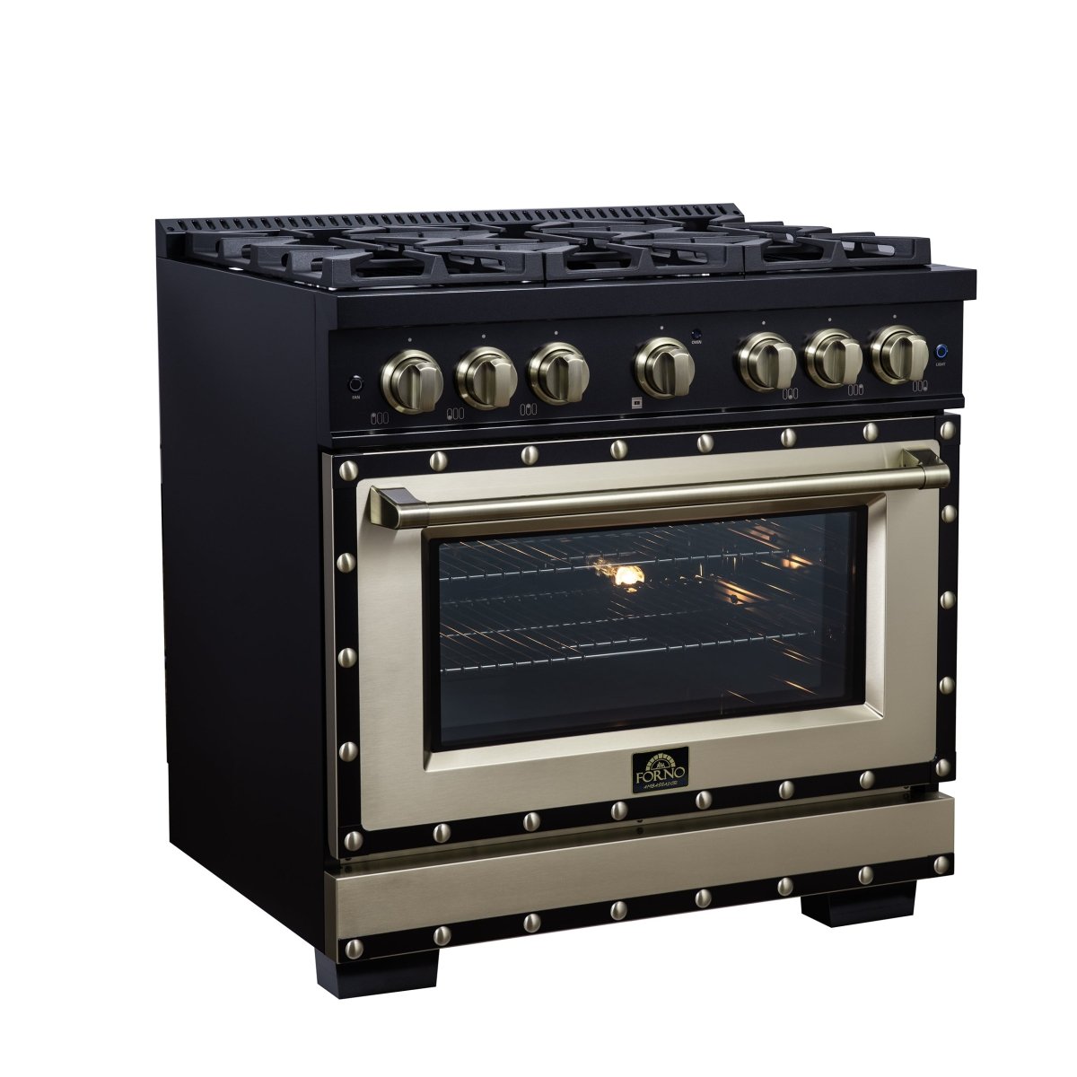 Ambassador 36" Dual Fuel Range in Black, 6 Sealed Burners, 71 000 BTU Cooktop Output , 5.2 Cu.Ft. convection Oven, Telescopic Racks - BonPrix Électroménagers