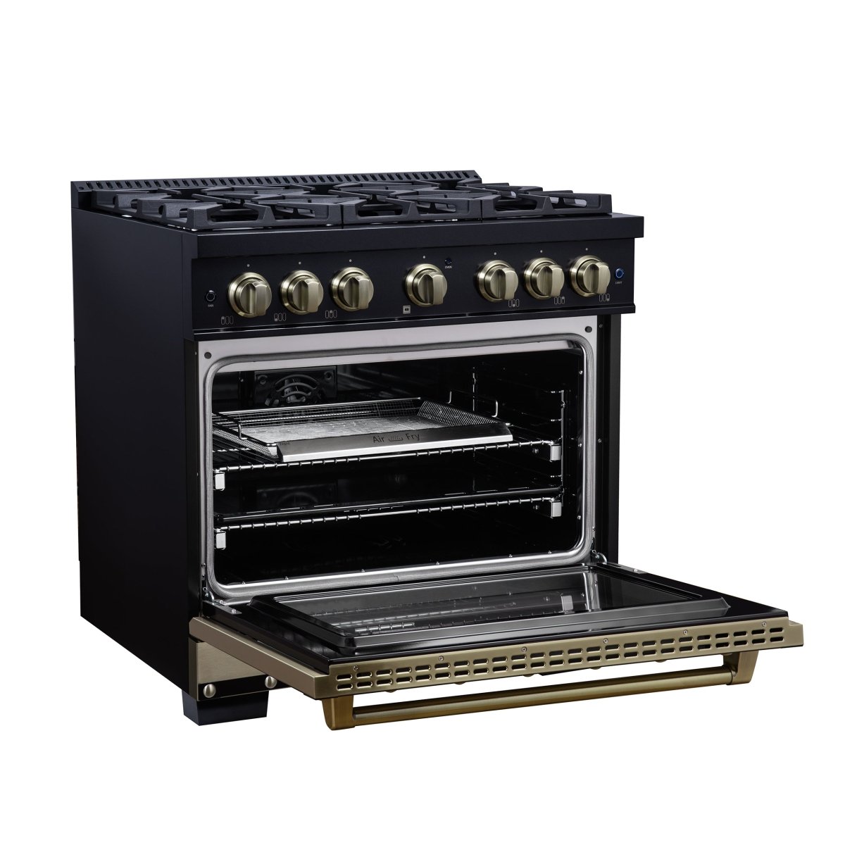 Ambassador 36" Dual Fuel Range in Black, 6 Sealed Burners, 71 000 BTU Cooktop Output , 5.2 Cu.Ft. convection Oven, Telescopic Racks - BonPrix Électroménagers