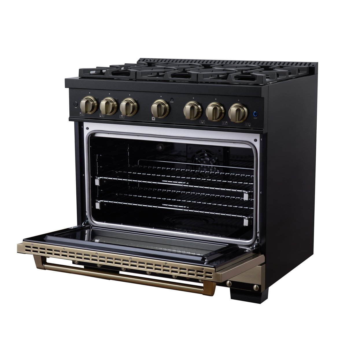 Ambassador 36" Dual Fuel Range in Black, 6 Sealed Burners, 71 000 BTU Cooktop Output , 5.2 Cu.Ft. convection Oven, Telescopic Racks - BonPrix Électroménagers