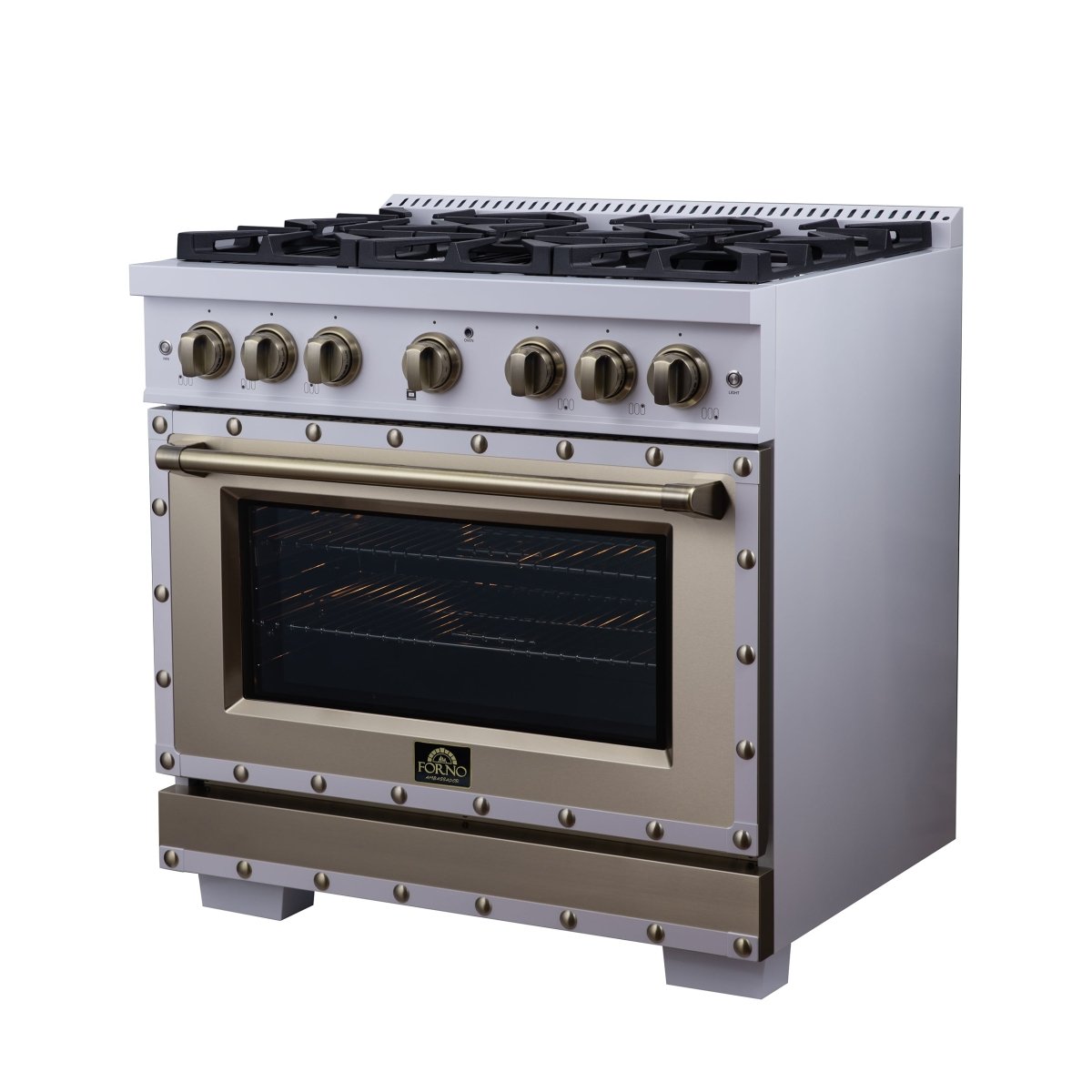 Ambassador 36" Dual Fuel Range in White, 6 Sealed Burners, 71 000 BTU Cooktop Output , 5.2 Cu.Ft. convection Oven, Telescopic Racks - BonPrix Électroménagers