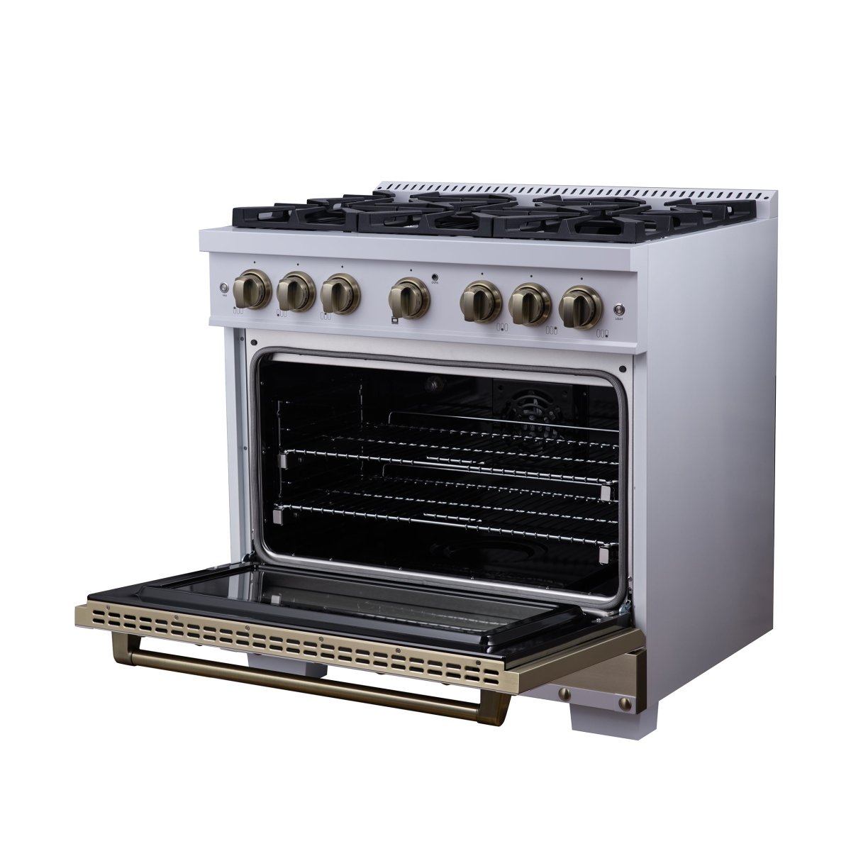 Ambassador 36" Dual Fuel Range in White, 6 Sealed Burners, 71 000 BTU Cooktop Output , 5.2 Cu.Ft. convection Oven, Telescopic Racks - BonPrix Électroménagers