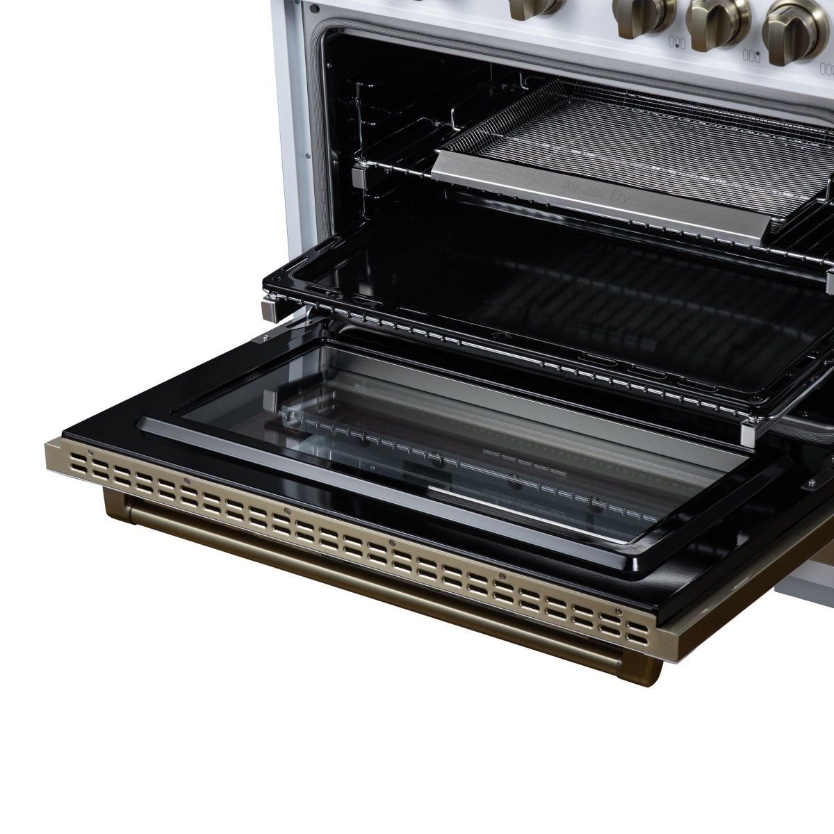 Ambassador 36" Dual Fuel Range in White, 6 Sealed Burners, 71 000 BTU Cooktop Output , 5.2 Cu.Ft. convection Oven, Telescopic Racks - BonPrix Électroménagers