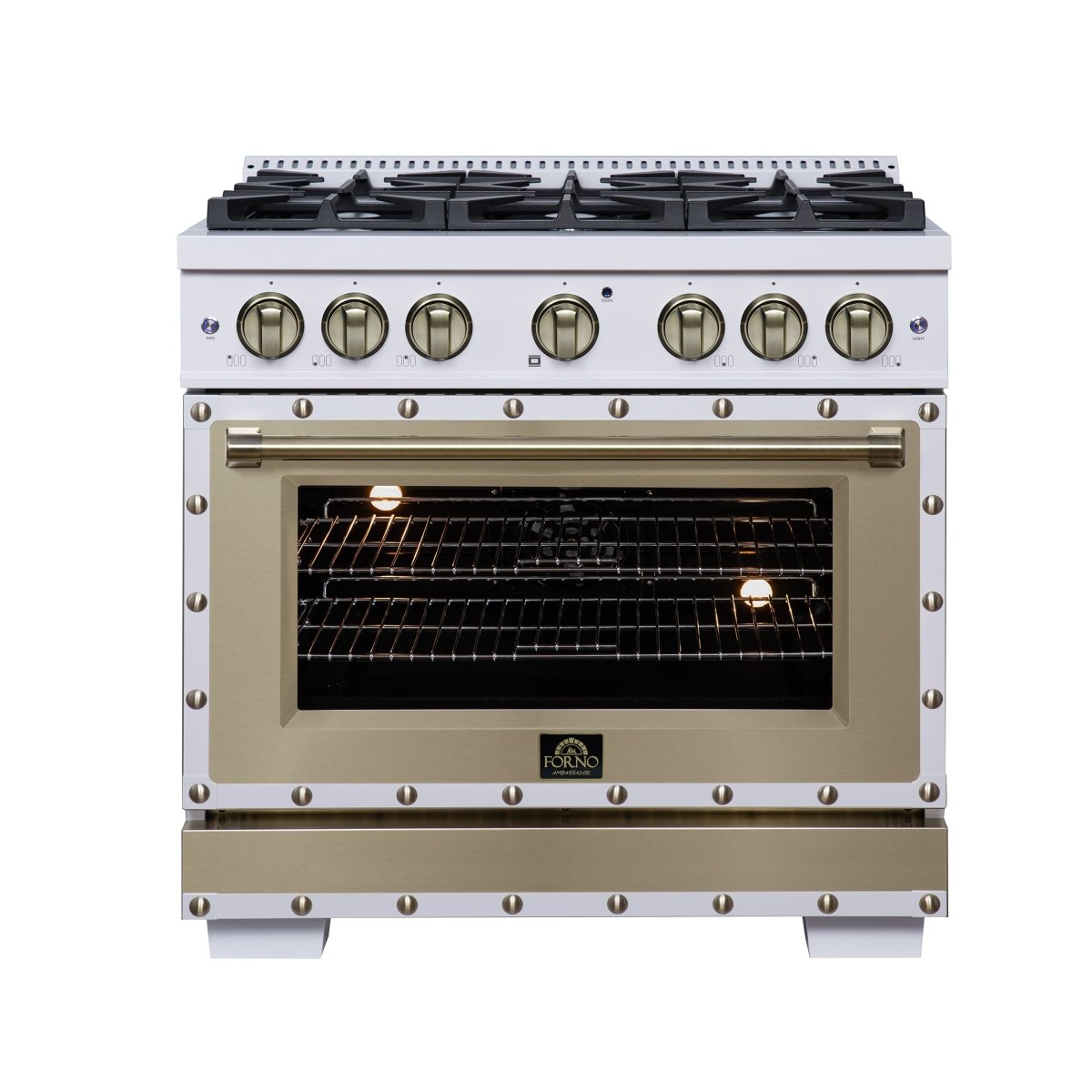 Ambassador 36" Dual Fuel Range in White, 6 Sealed Burners, 71 000 BTU Cooktop Output , 5.2 Cu.Ft. convection Oven, Telescopic Racks - BonPrix Électroménagers