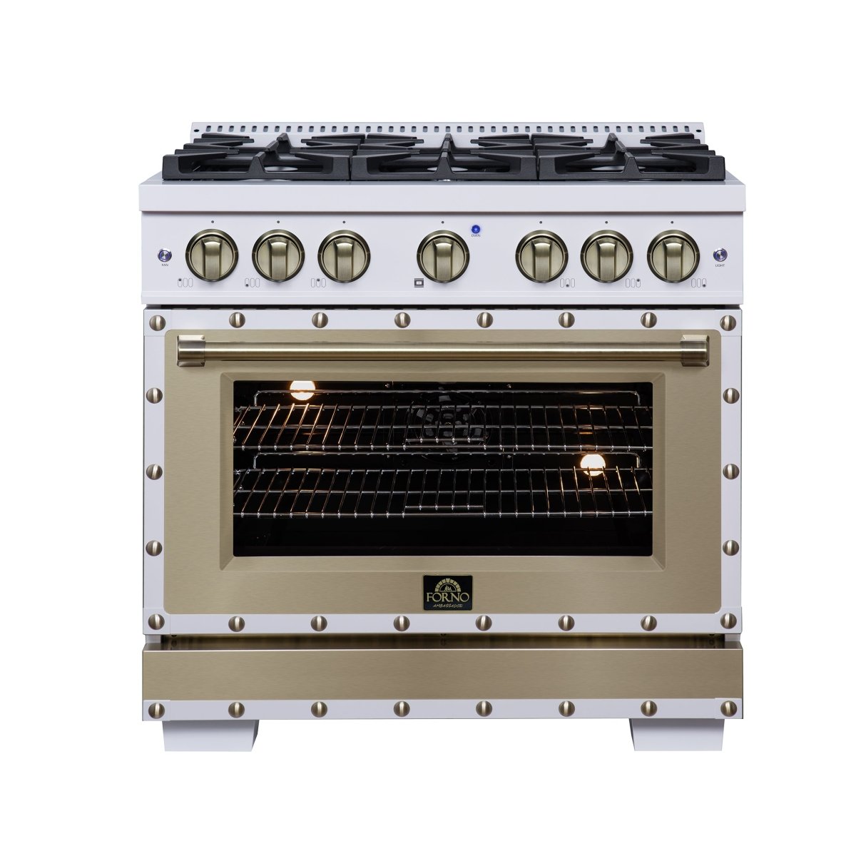Ambassador 36" Dual Fuel Range in White, 6 Sealed Burners, 71 000 BTU Cooktop Output , 5.2 Cu.Ft. convection Oven, Telescopic Racks - BonPrix Électroménagers