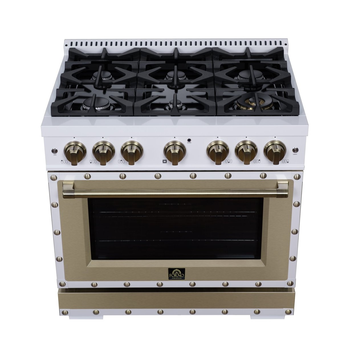 Ambassador 36" Dual Fuel Range in White, 6 Sealed Burners, 71 000 BTU Cooktop Output , 5.2 Cu.Ft. convection Oven, Telescopic Racks - BonPrix Électroménagers