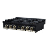 Ambassador 36" Gas Cooktop in Black, 6 Sealed burners, 71,000 BTU Output, 1 Antique Brass Dual-Ring Burner, Continuous Cast Iron Grates - BonPrix Électroménagers