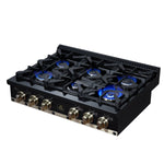 Ambassador 36" Gas Cooktop in Black, 6 Sealed burners, 71,000 BTU Output, 1 Antique Brass Dual-Ring Burner, Continuous Cast Iron Grates - BonPrix Électroménagers