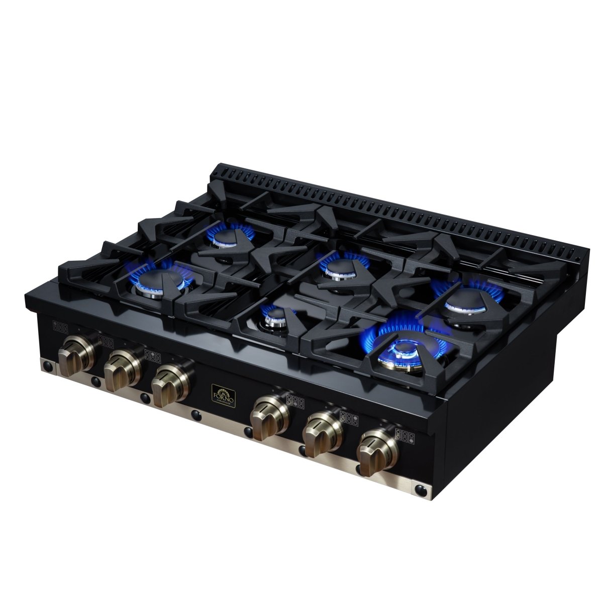 Ambassador 36" Gas Cooktop in Black, 6 Sealed burners, 71,000 BTU Output, 1 Antique Brass Dual-Ring Burner, Continuous Cast Iron Grates - BonPrix Électroménagers