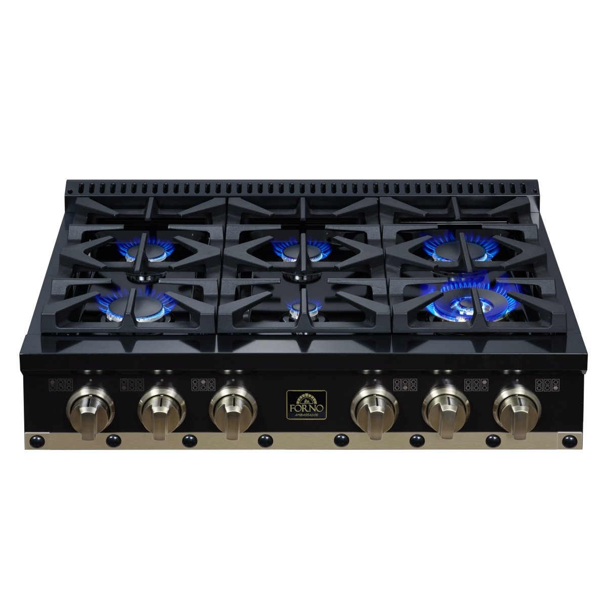 Ambassador 36" Gas Cooktop in Black, 6 Sealed burners, 71,000 BTU Output, 1 Antique Brass Dual-Ring Burner, Continuous Cast Iron Grates - BonPrix Électroménagers