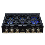 Ambassador 36" Gas Cooktop in Black, 6 Sealed burners, 71,000 BTU Output, 1 Antique Brass Dual-Ring Burner, Continuous Cast Iron Grates - BonPrix Électroménagers