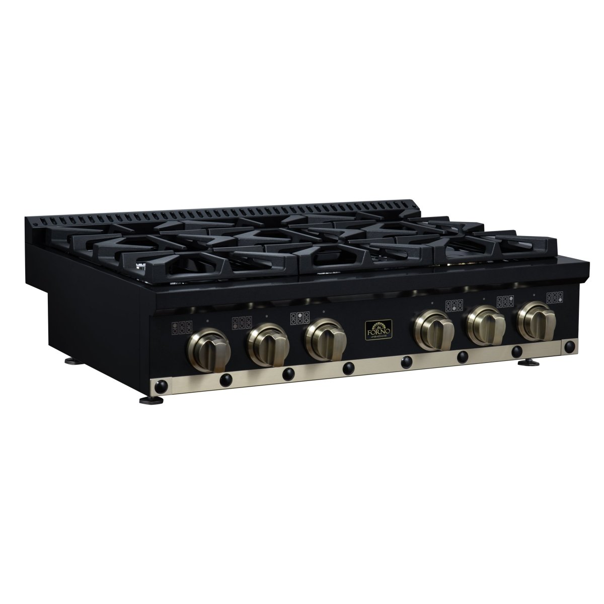 Ambassador 36" Gas Cooktop in Black, 6 Sealed burners, 71,000 BTU Output, 1 Antique Brass Dual-Ring Burner, Continuous Cast Iron Grates - BonPrix Électroménagers
