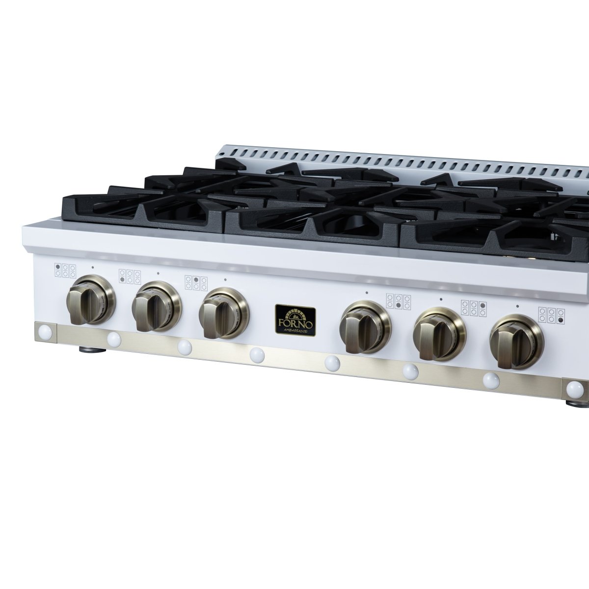 Ambassador 36" Gas Cooktop in White, 6 Sealed burners, 71,000 BUT Output, 1 Antique Brass Dual-Ring Burner, Continuous Cast Iron Grates - BonPrix Électroménagers