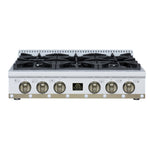 Ambassador 36" Gas Cooktop in White, 6 Sealed burners, 71,000 BUT Output, 1 Antique Brass Dual-Ring Burner, Continuous Cast Iron Grates - BonPrix Électroménagers