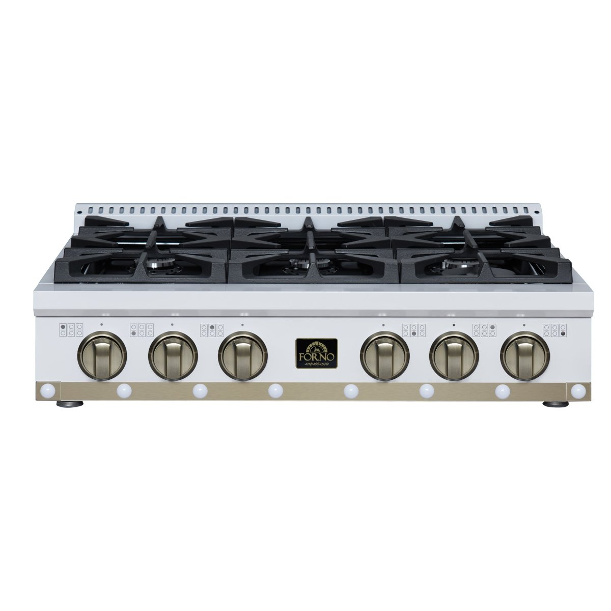 Ambassador 36" Gas Cooktop in White, 6 Sealed burners, 71,000 BUT Output, 1 Antique Brass Dual-Ring Burner, Continuous Cast Iron Grates - BonPrix Électroménagers
