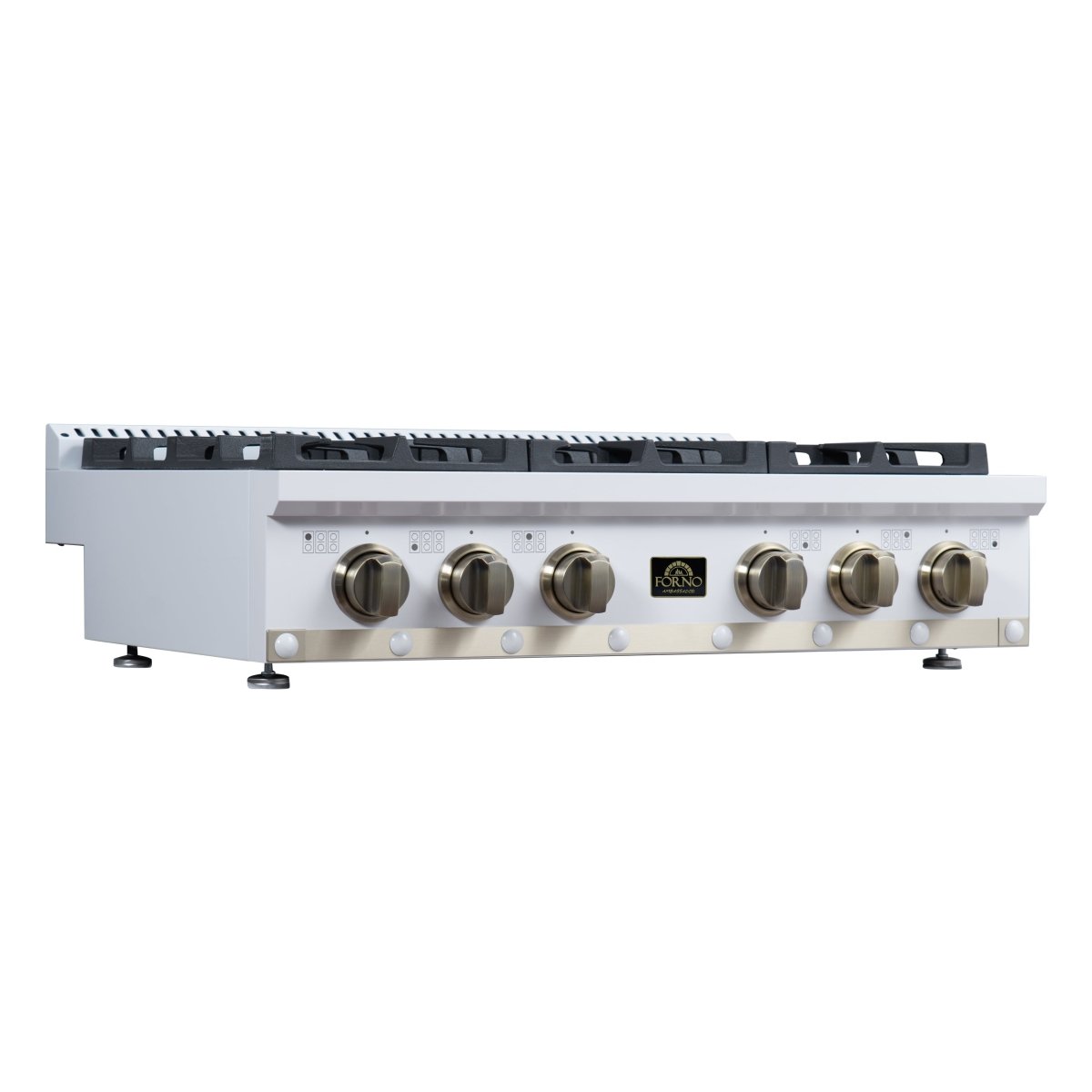 Ambassador 36" Gas Cooktop in White, 6 Sealed burners, 71,000 BUT Output, 1 Antique Brass Dual-Ring Burner, Continuous Cast Iron Grates - BonPrix Électroménagers