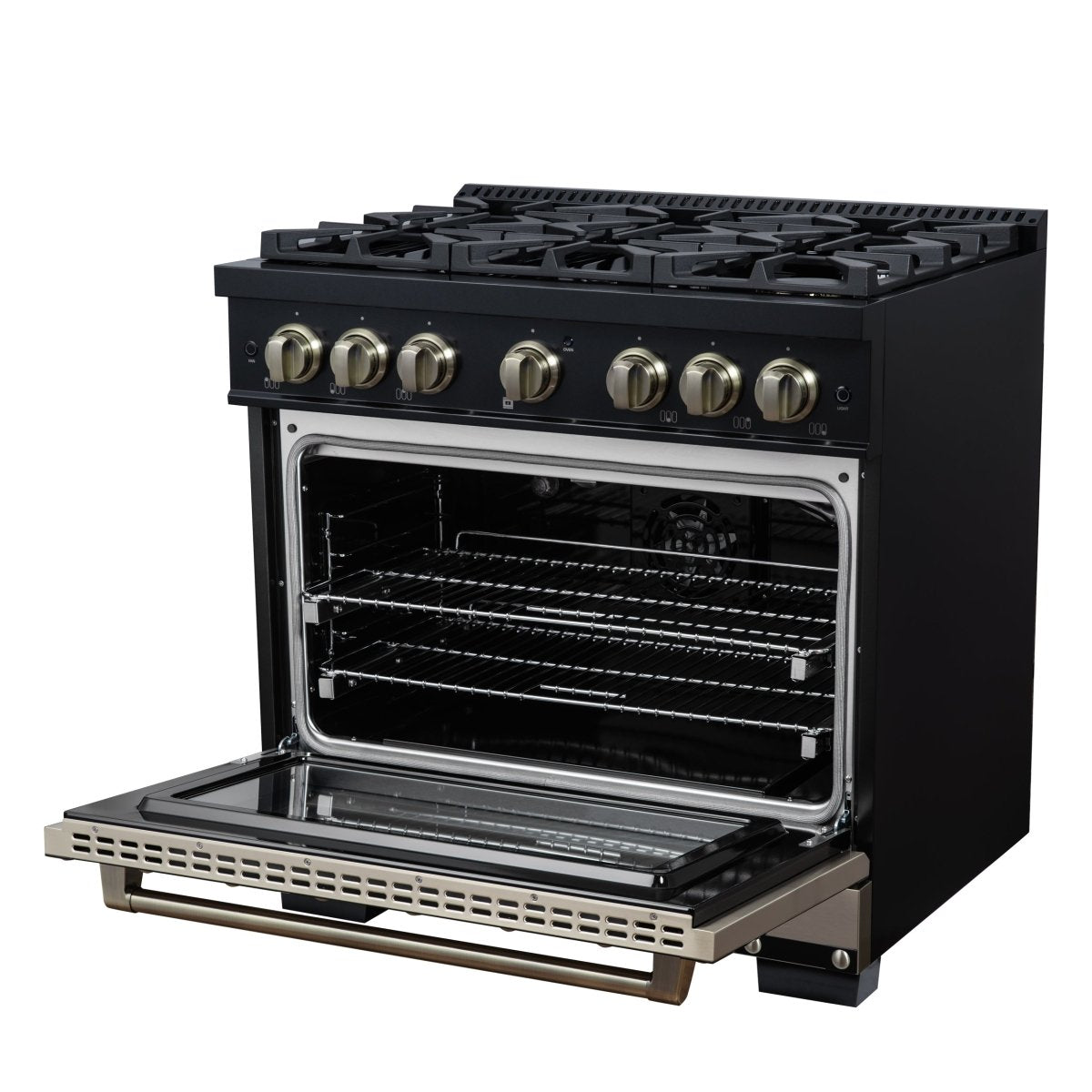 Ambassador 36" Gas Range in Black, 6 Sealed Burnes, 71 000 BTU Cooktop Output , 5.2 Cu.Ft. convection Oven, Telescopic Racks - BonPrix Électroménagers