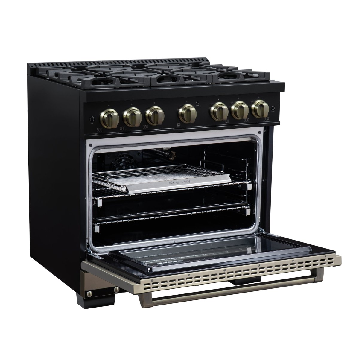 Ambassador 36" Gas Range in Black, 6 Sealed Burnes, 71 000 BTU Cooktop Output , 5.2 Cu.Ft. convection Oven, Telescopic Racks - BonPrix Électroménagers