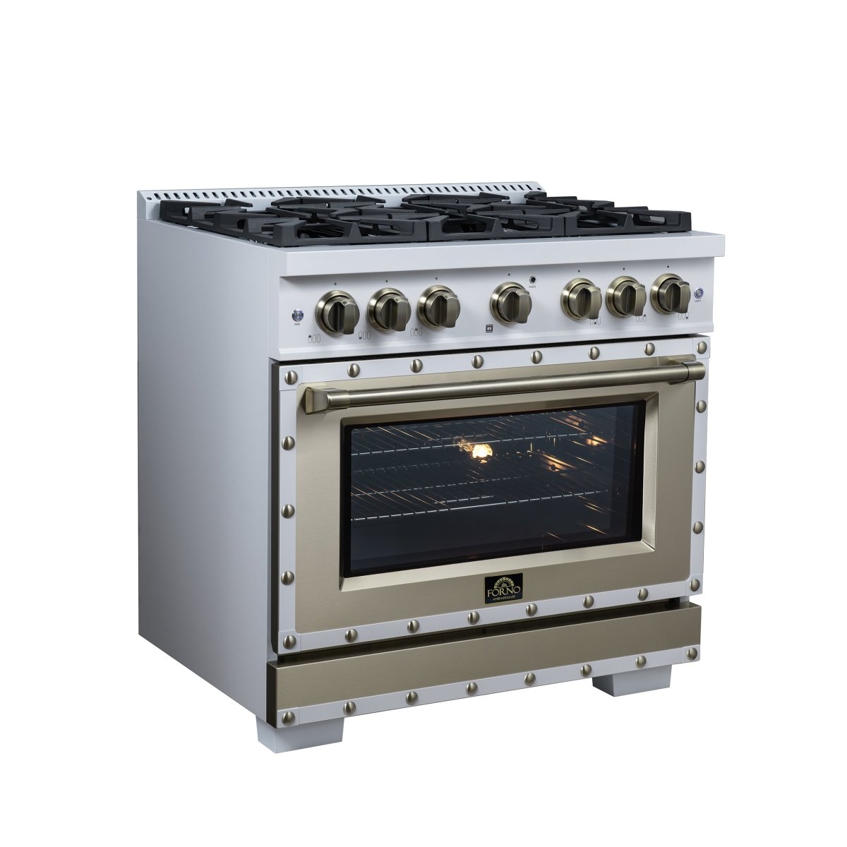 Ambassador 36" Gas Range in White, 6 Sealed Burnes, 71 000 BTU Cooktop Output , 5.2 Cu.Ft. convection Oven, Telescopic Racks - BonPrix Électroménagers