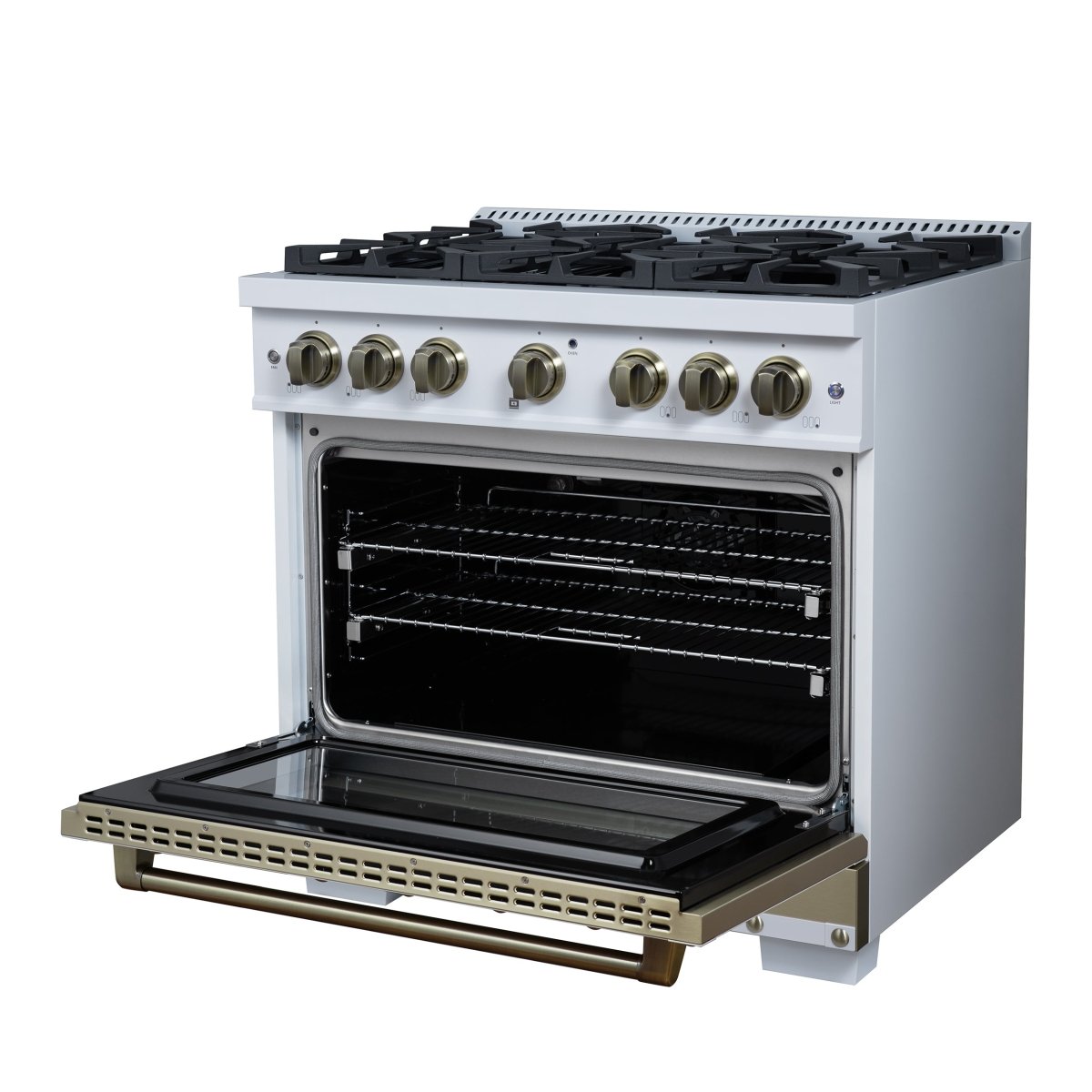 Ambassador 36" Gas Range in White, 6 Sealed Burnes, 71 000 BTU Cooktop Output , 5.2 Cu.Ft. convection Oven, Telescopic Racks - BonPrix Électroménagers