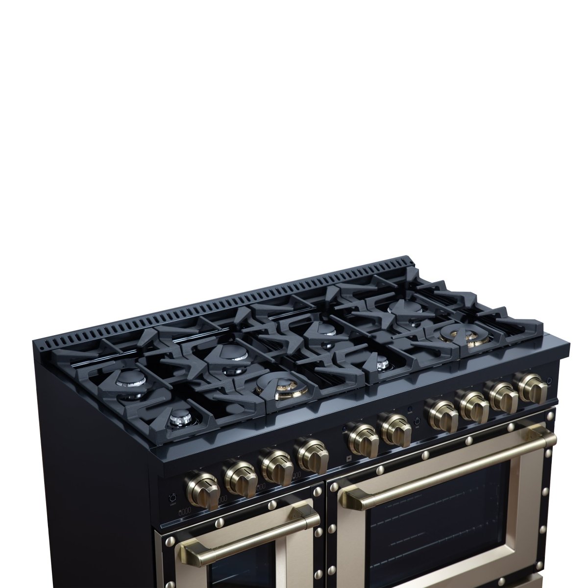 Ambassador 48" Dual Fuel Range in Black, 8 Sealed Burners, 94 000 BTU Cooktop Output, 6.7 Cu.Ft. Double Oven, Telescopic Racks - BonPrix Électroménagers