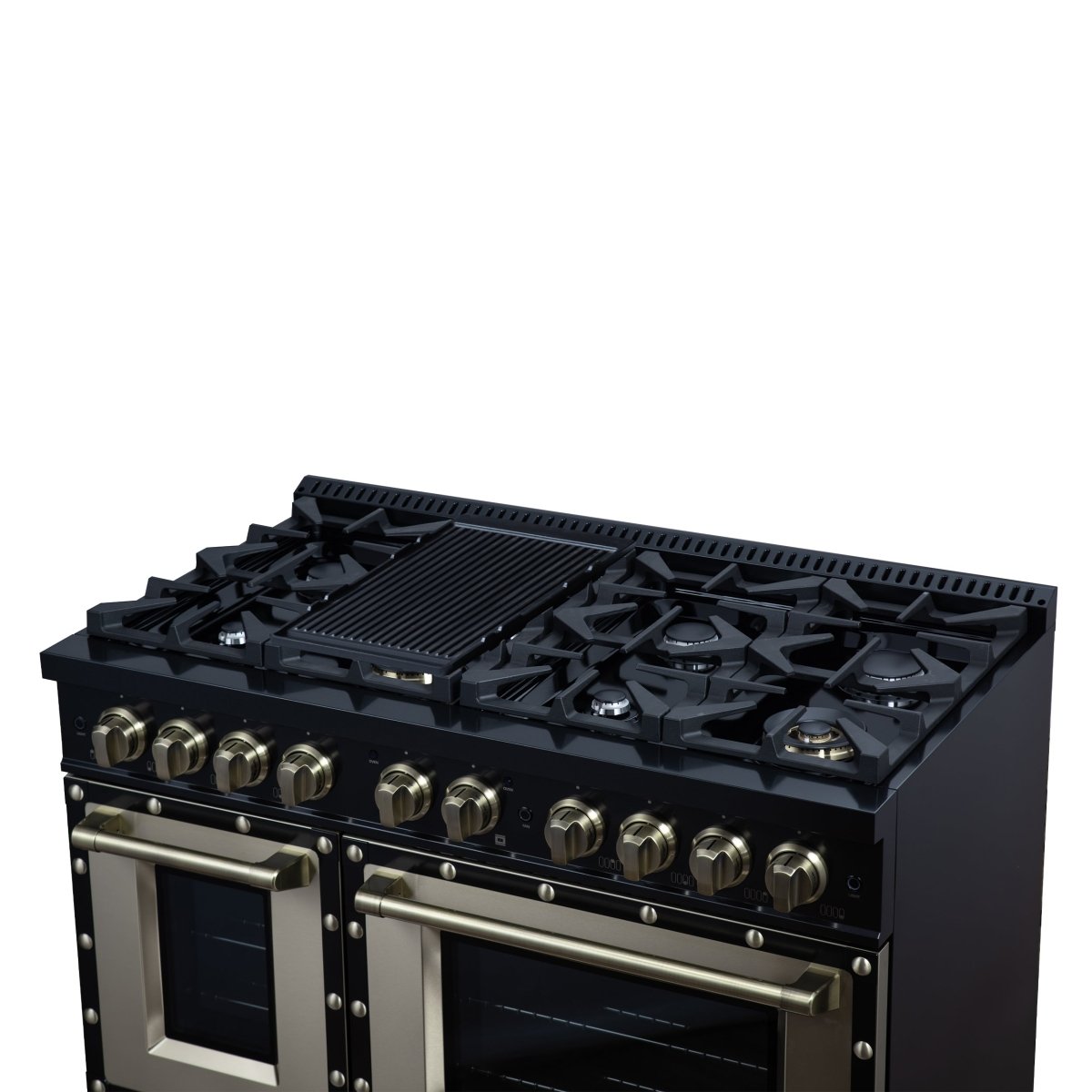 Ambassador 48" Dual Fuel Range in Black, 8 Sealed Burners, 94 000 BTU Cooktop Output, 6.7 Cu.Ft. Double Oven, Telescopic Racks - BonPrix Électroménagers
