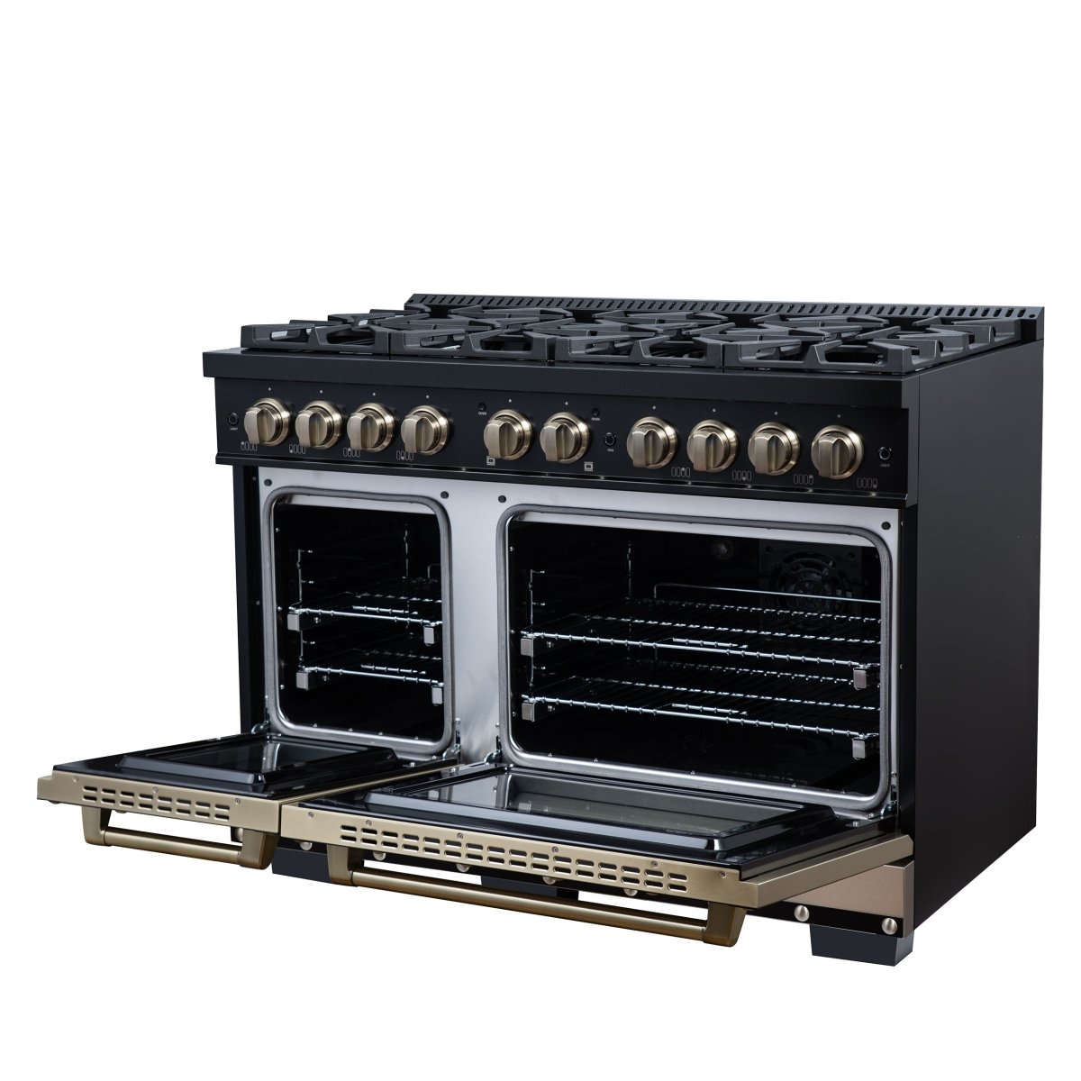 Ambassador 48" Dual Fuel Range in Black, 8 Sealed Burners, 94 000 BTU Cooktop Output, 6.7 Cu.Ft. Double Oven, Telescopic Racks - BonPrix Électroménagers