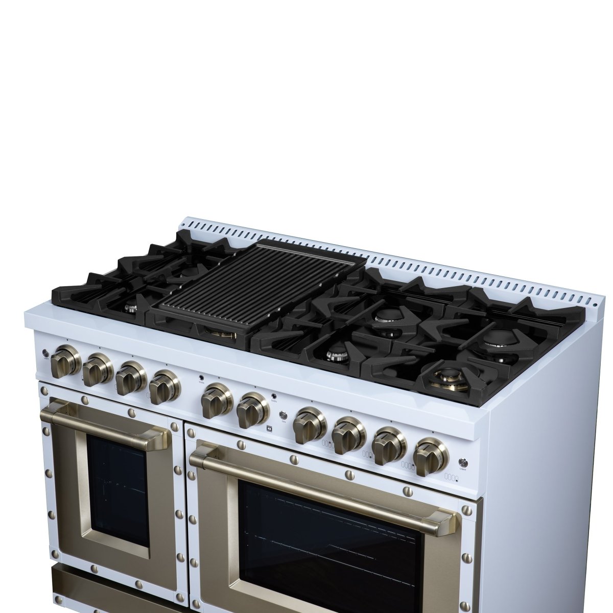 Ambassador 48" Dual Fuel Range in White, 8 Sealed Burners, 94 000 BTU Cooktop Output, 6.7 Cu.Ft. Double Oven, Telescopic Racks - BonPrix Électroménagers