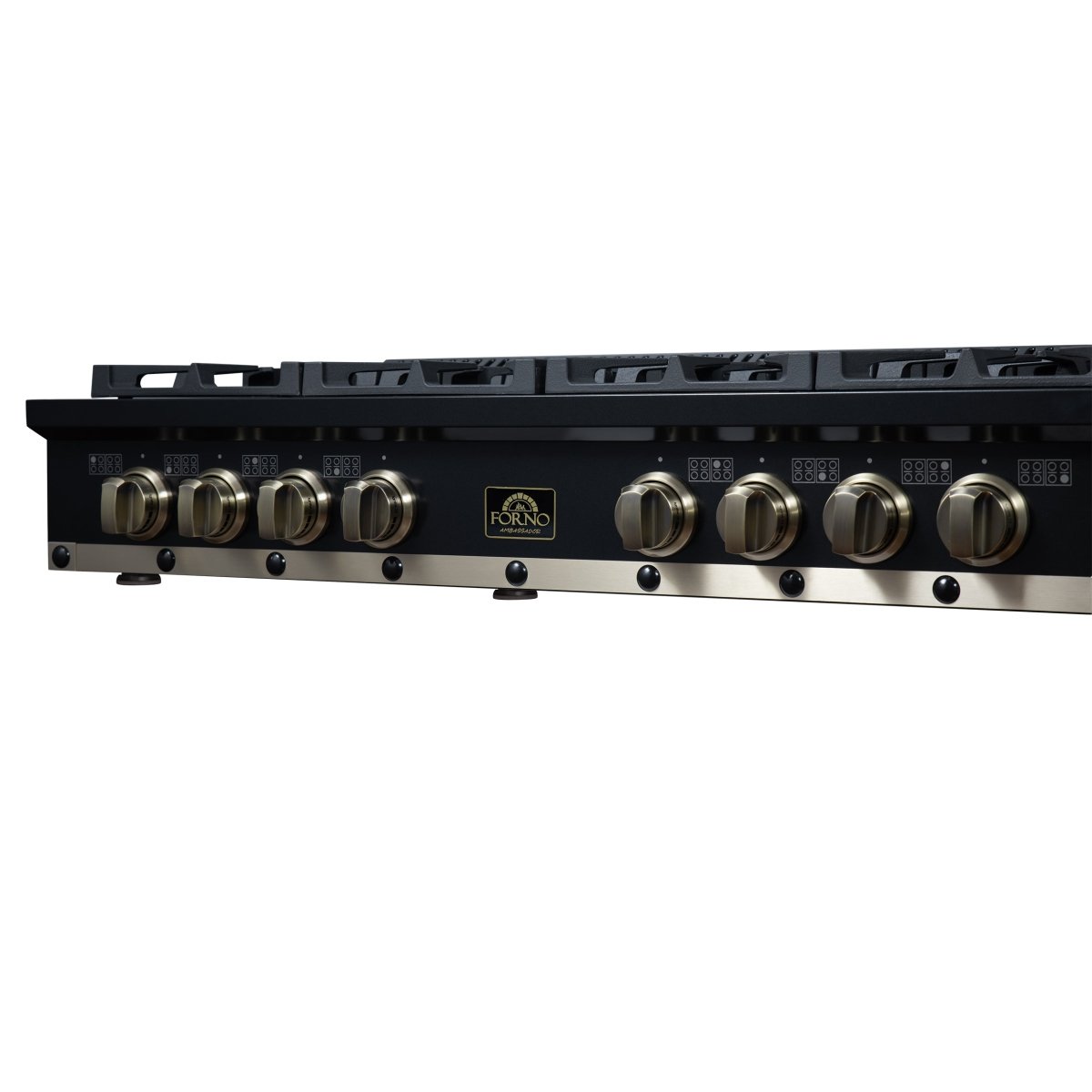 Ambassador 48" Gas Cooktop in Black, 8 Sealed burners, 94,000 BUT Output, 2 Antique Brass Dual-Ring Burners, Continuous Cast Iron Grates - BonPrix Électroménagers