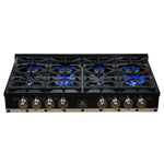 Ambassador 48" Gas Cooktop in Black, 8 Sealed burners, 94,000 BUT Output, 2 Antique Brass Dual-Ring Burners, Continuous Cast Iron Grates - BonPrix Électroménagers