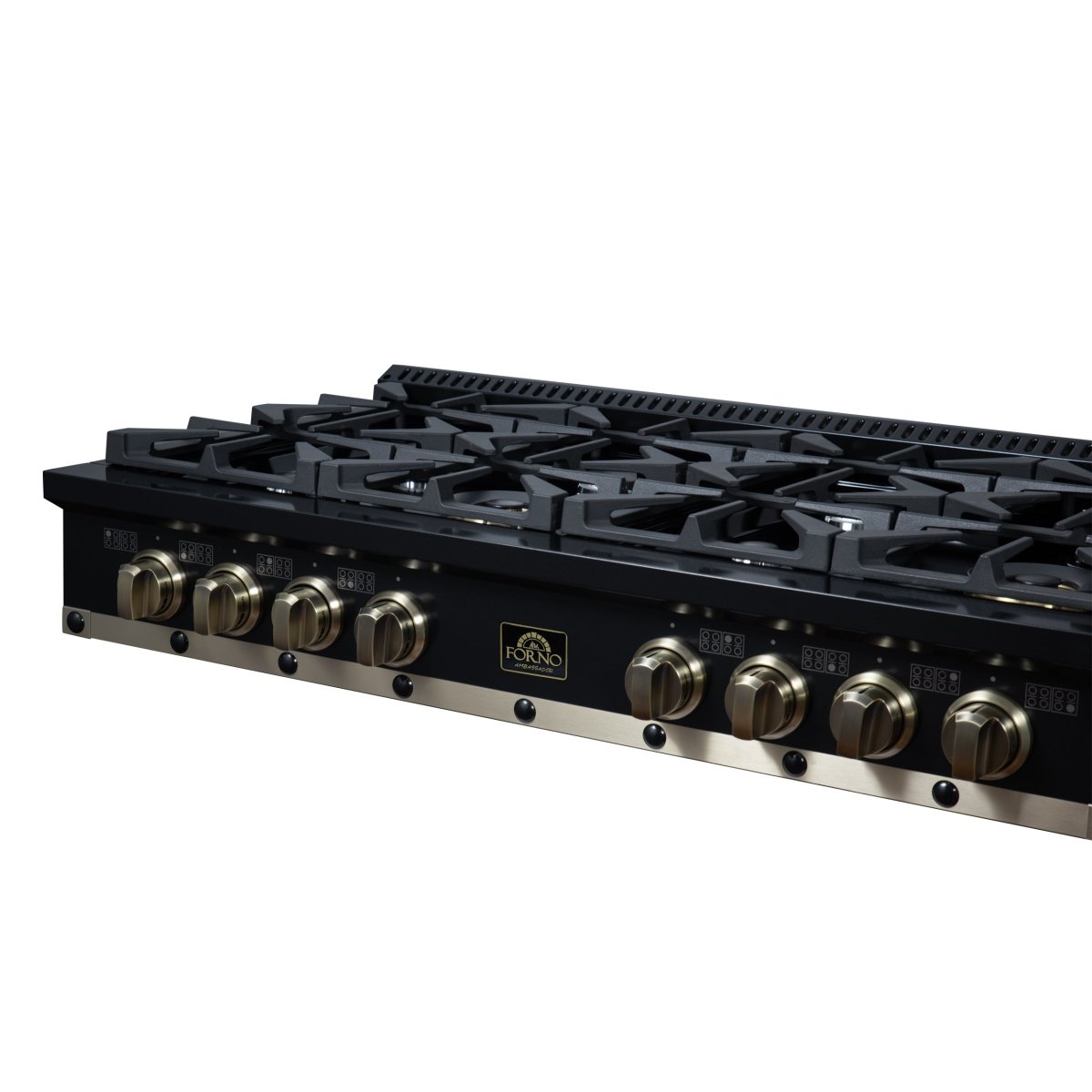 Ambassador 48" Gas Cooktop in Black, 8 Sealed burners, 94,000 BUT Output, 2 Antique Brass Dual-Ring Burners, Continuous Cast Iron Grates - BonPrix Électroménagers