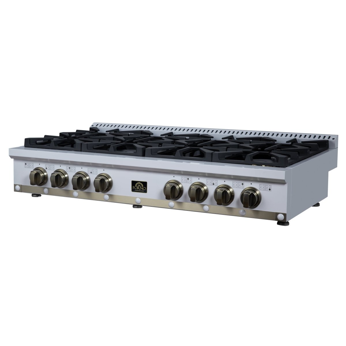 Ambassador 48" Gas Cooktop in White, 8 Sealed burners, 94,000 BUT Output, 2 Antique Brass Dual-Ring Burners, Continuous Cast Iron Grates - BonPrix Électroménagers