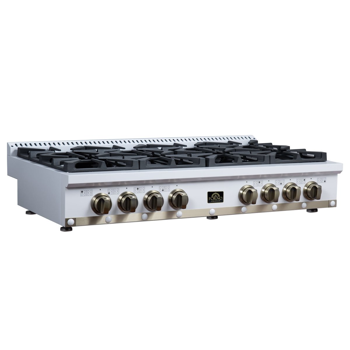 Ambassador 48" Gas Cooktop in White, 8 Sealed burners, 94,000 BUT Output, 2 Antique Brass Dual-Ring Burners, Continuous Cast Iron Grates - BonPrix Électroménagers