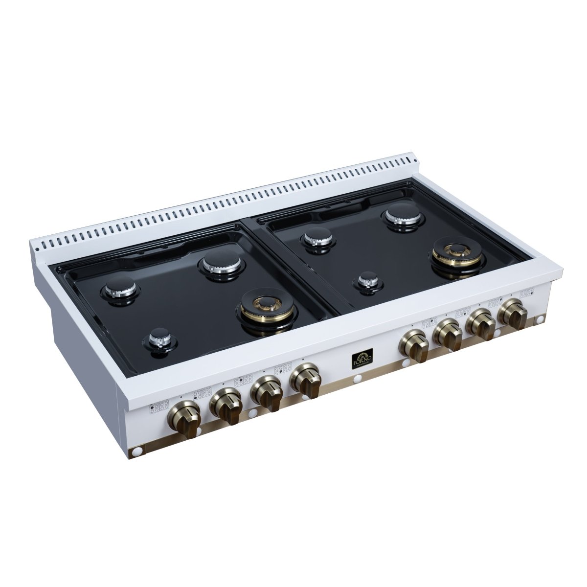Ambassador 48" Gas Cooktop in White, 8 Sealed burners, 94,000 BUT Output, 2 Antique Brass Dual-Ring Burners, Continuous Cast Iron Grates - BonPrix Électroménagers