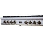 Ambassador 48" Gas Cooktop in White, 8 Sealed burners, 94,000 BUT Output, 2 Antique Brass Dual-Ring Burners, Continuous Cast Iron Grates - BonPrix Électroménagers