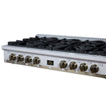 Ambassador 48" Gas Cooktop in White, 8 Sealed burners, 94,000 BUT Output, 2 Antique Brass Dual-Ring Burners, Continuous Cast Iron Grates - BonPrix Électroménagers