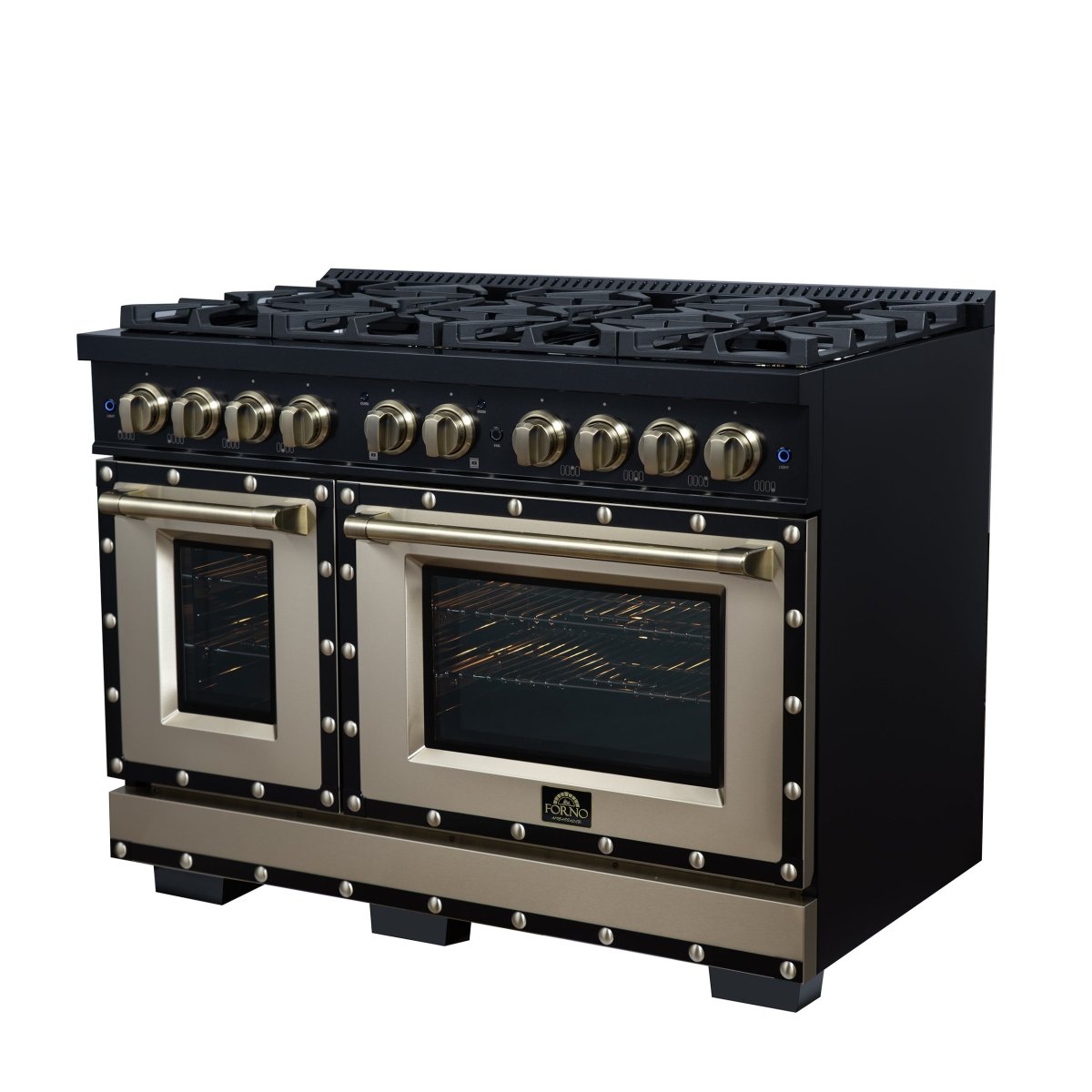 Ambassador 48" Gas Range in Black, 8 Sealed Burnes, 94 000 BTU Cooktop Output, 6.7 Cu.Ft. Double Oven, Telescopic Racks - BonPrix Électroménagers