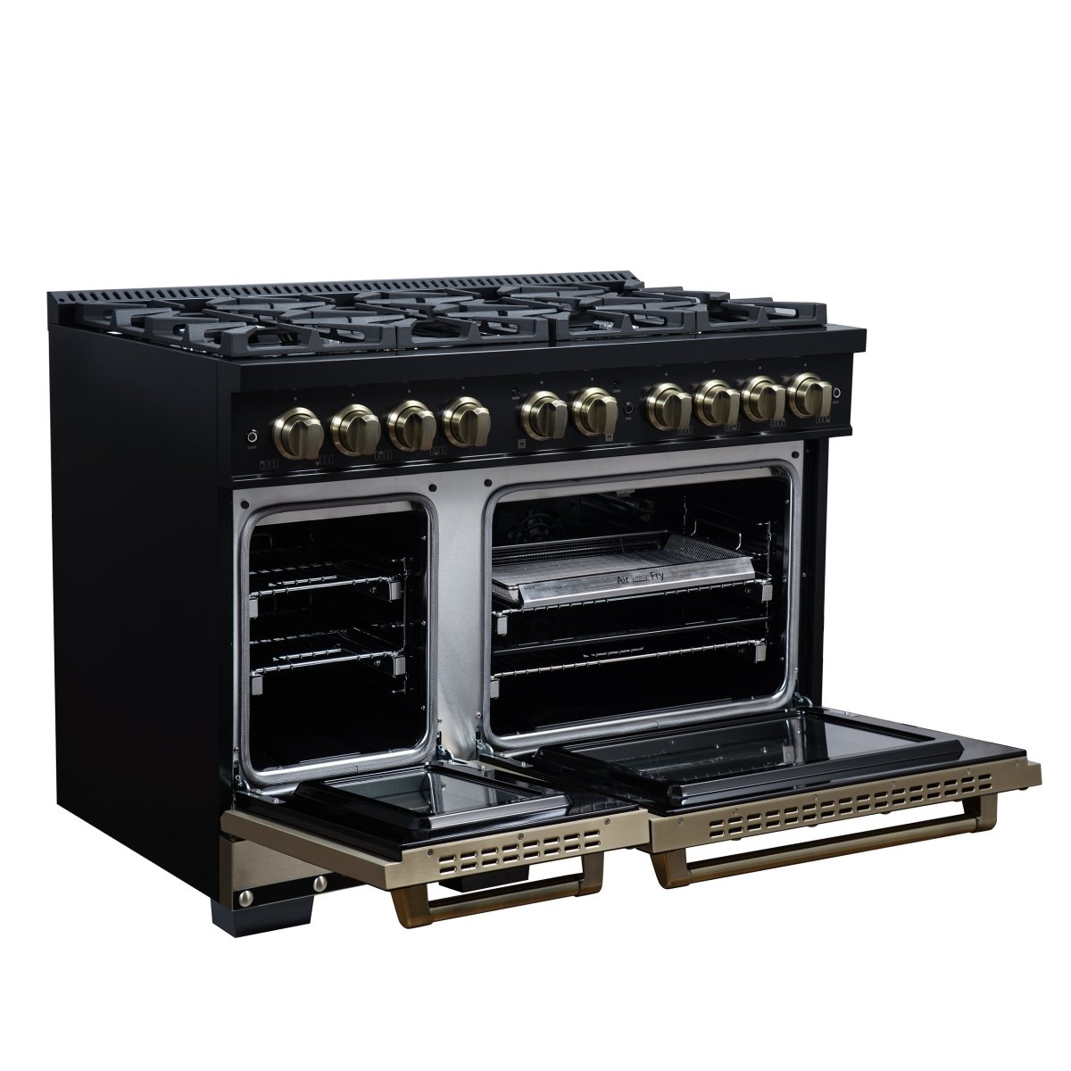 Ambassador 48" Gas Range in Black, 8 Sealed Burnes, 94 000 BTU Cooktop Output, 6.7 Cu.Ft. Double Oven, Telescopic Racks - BonPrix Électroménagers