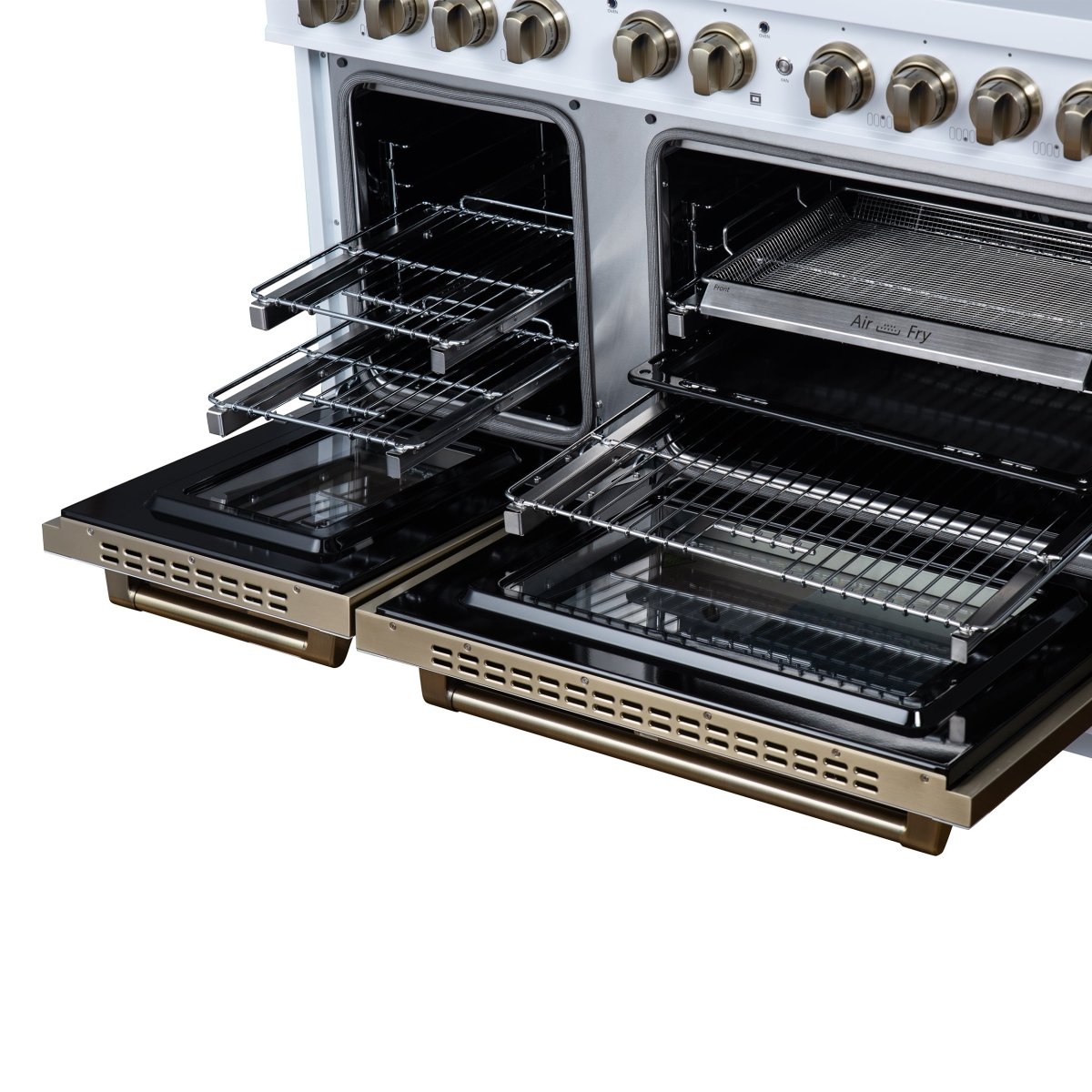 Ambassador 48" Gas Range in White, 8 Sealed Burnes, 94 000 BTU Cooktop Output, 6.7 Cu.Ft. Double Oven, Telescopic Racks - BonPrix Électroménagers