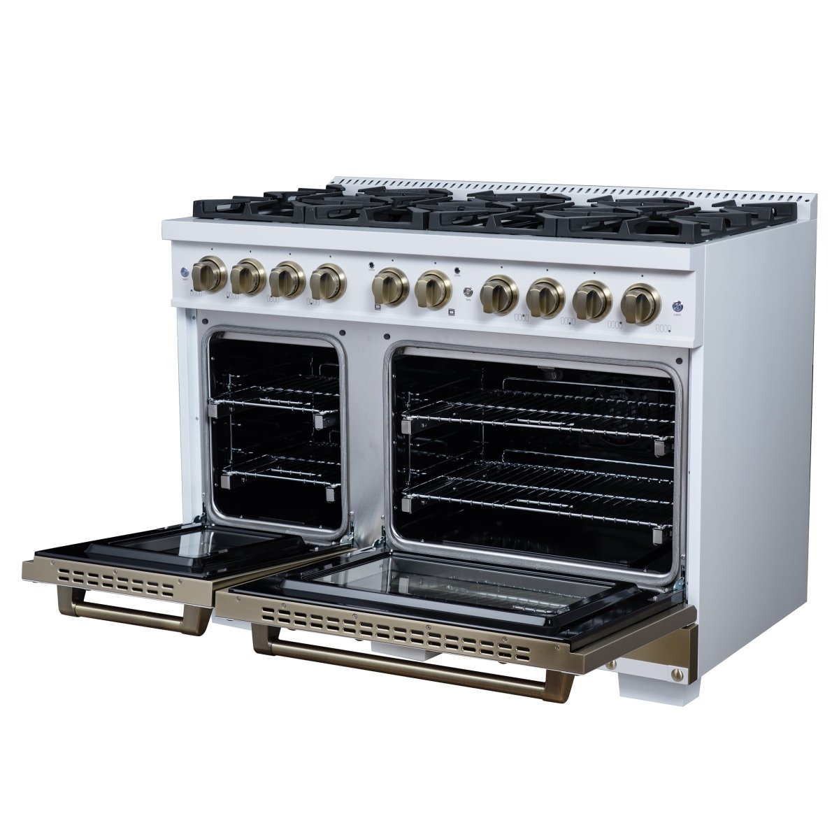 Ambassador 48" Gas Range in White, 8 Sealed Burnes, 94 000 BTU Cooktop Output, 6.7 Cu.Ft. Double Oven, Telescopic Racks - BonPrix Électroménagers