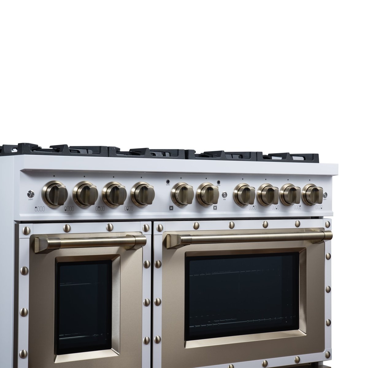 Ambassador 48" Gas Range in White, 8 Sealed Burnes, 94 000 BTU Cooktop Output, 6.7 Cu.Ft. Double Oven, Telescopic Racks - BonPrix Électroménagers