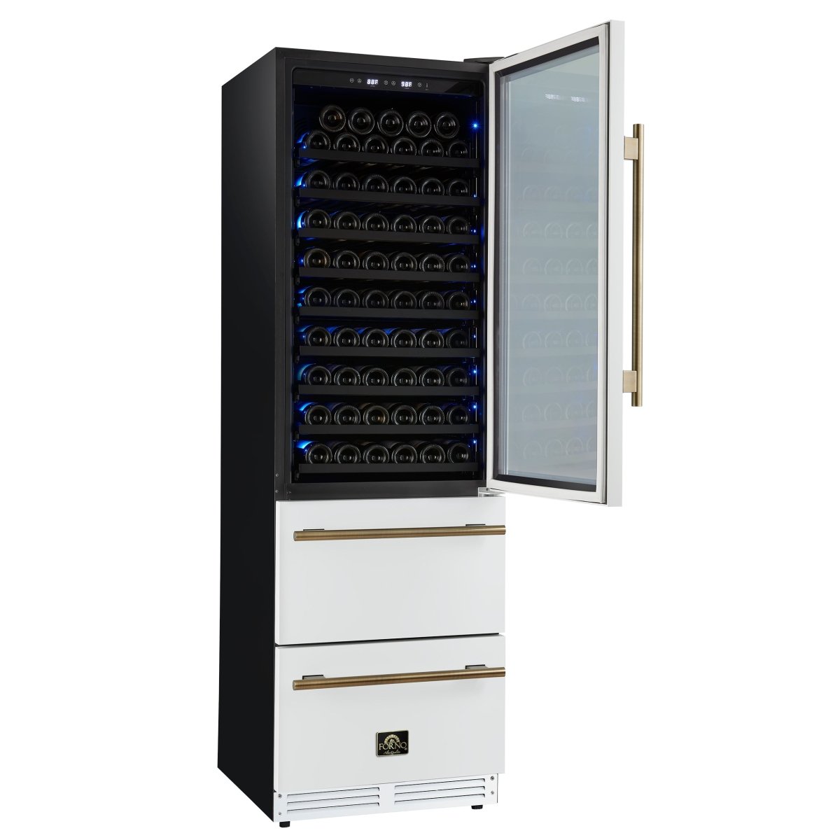 Azienda 24 Inch Dual Zone Wine Cooler, 15.8 Cu.Ft, 108 Bottles & 100 Cans, 2 Drawers, Charcoal Filters, White - BonPrix Électroménagers